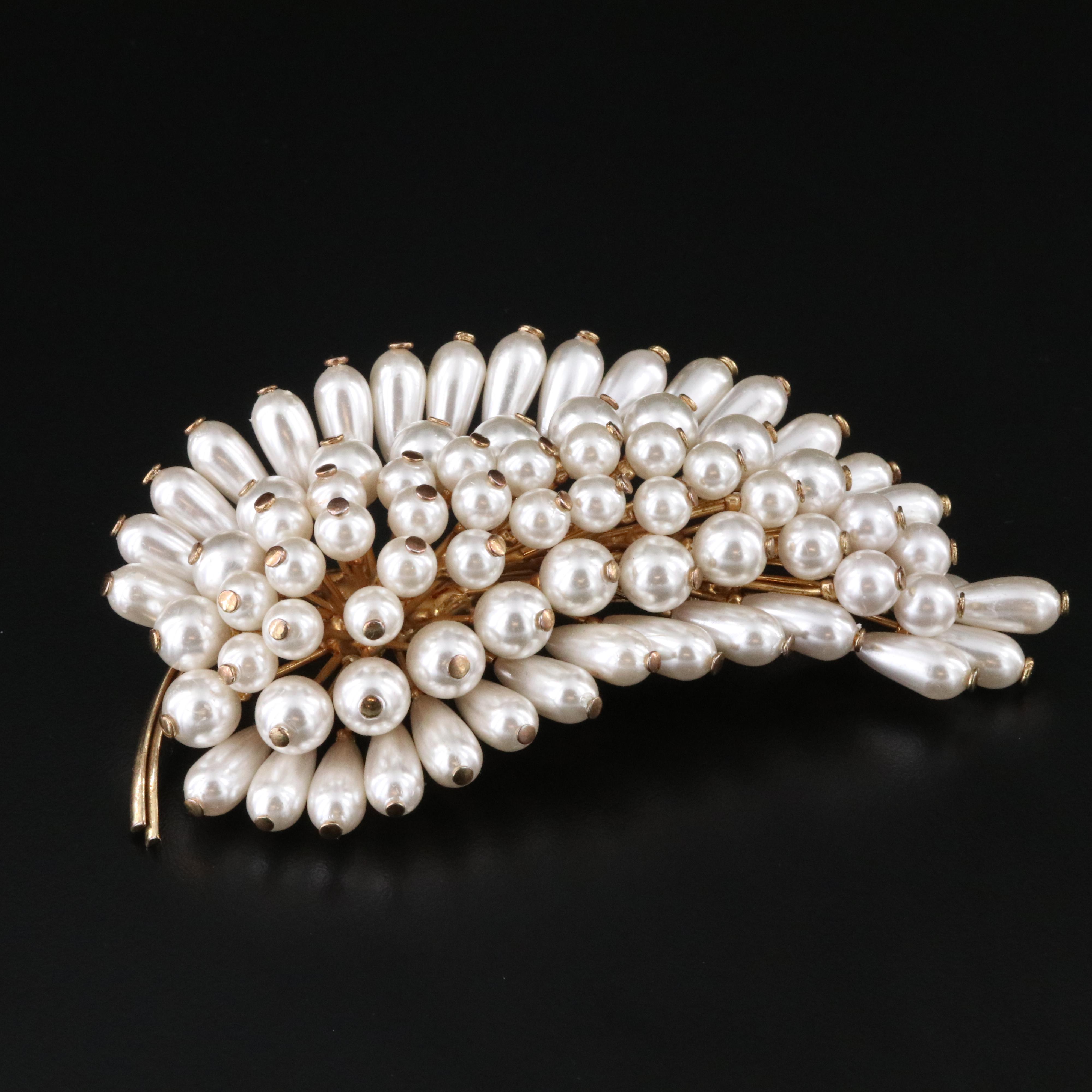 Faux Pearl Leaf Brooch