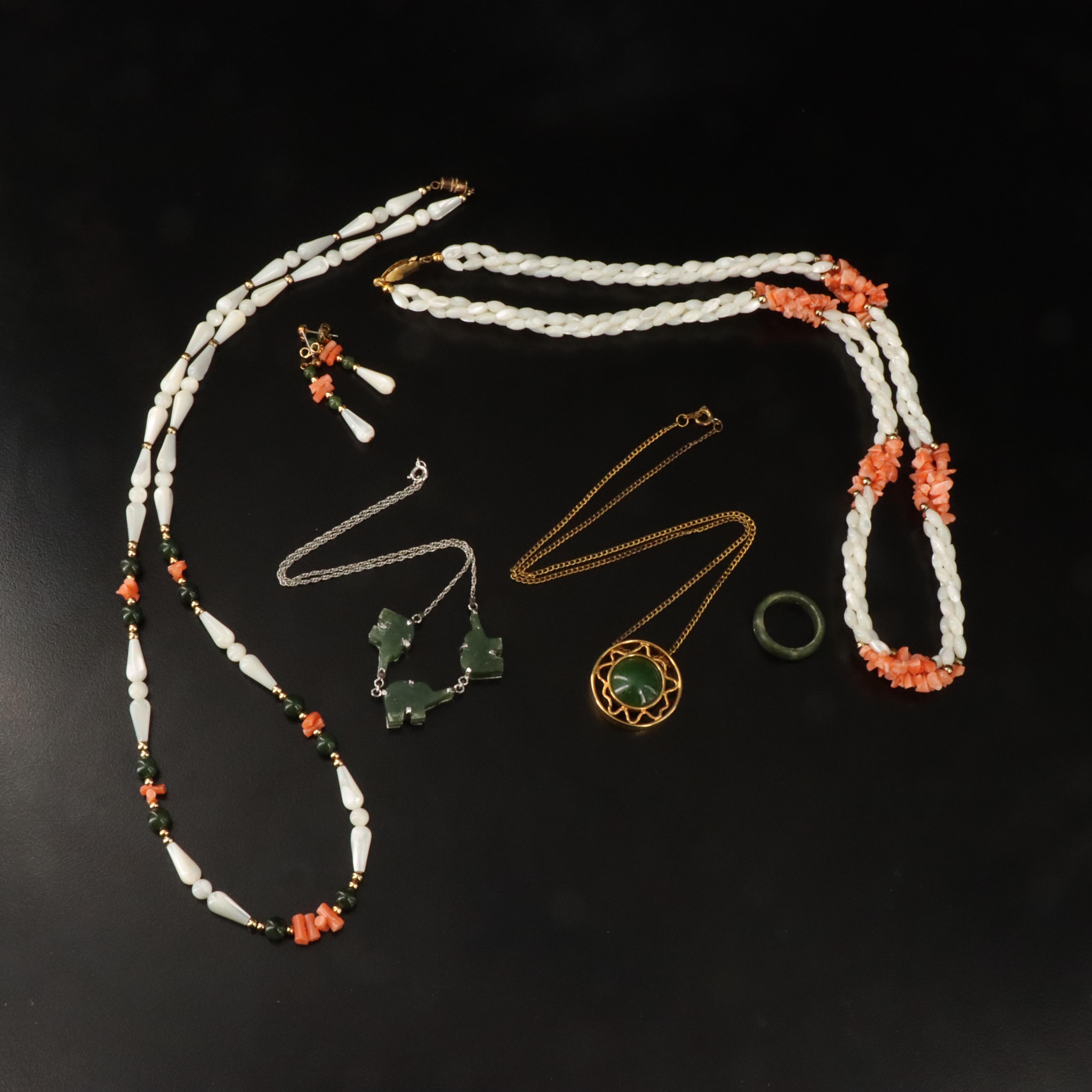 Vintage Jewelry Collection Featuring Coral, Mother-of-Pearl and Nephrite