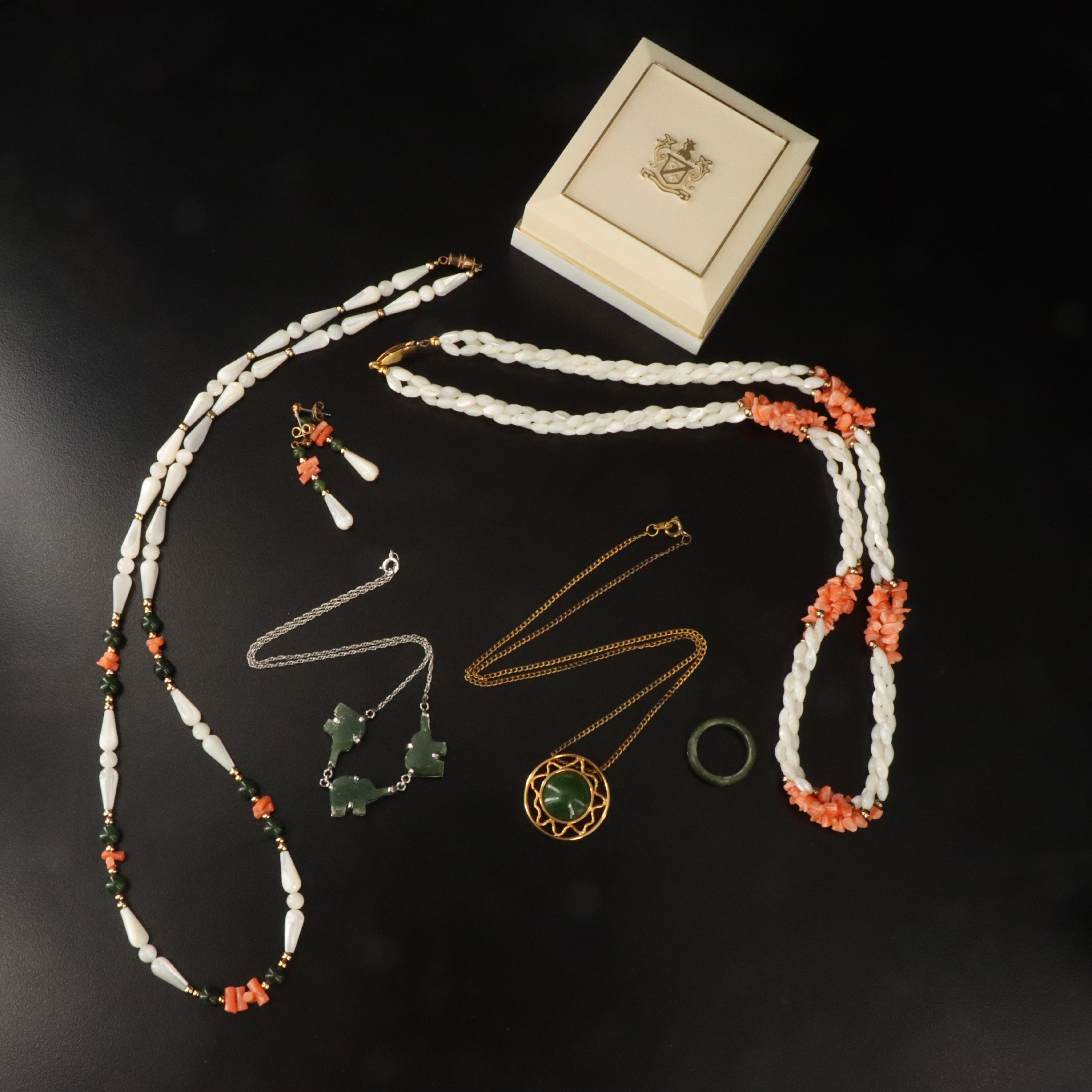 Vintage Jewelry Collection Featuring Coral, Mother-of-Pearl and Nephrite