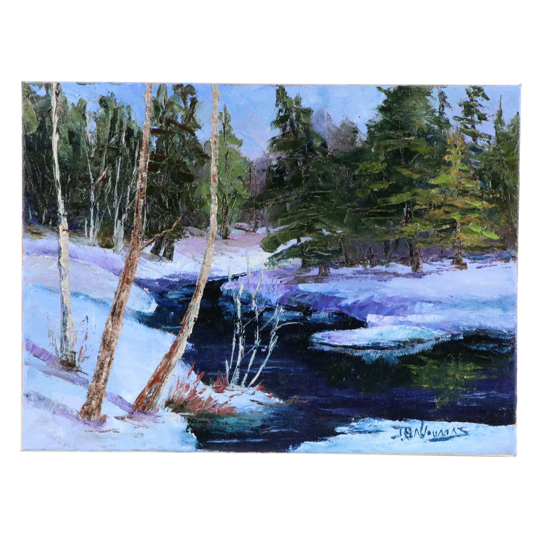 James Baldoumas Landscape Oil Painting "Winter Brook," 2024
