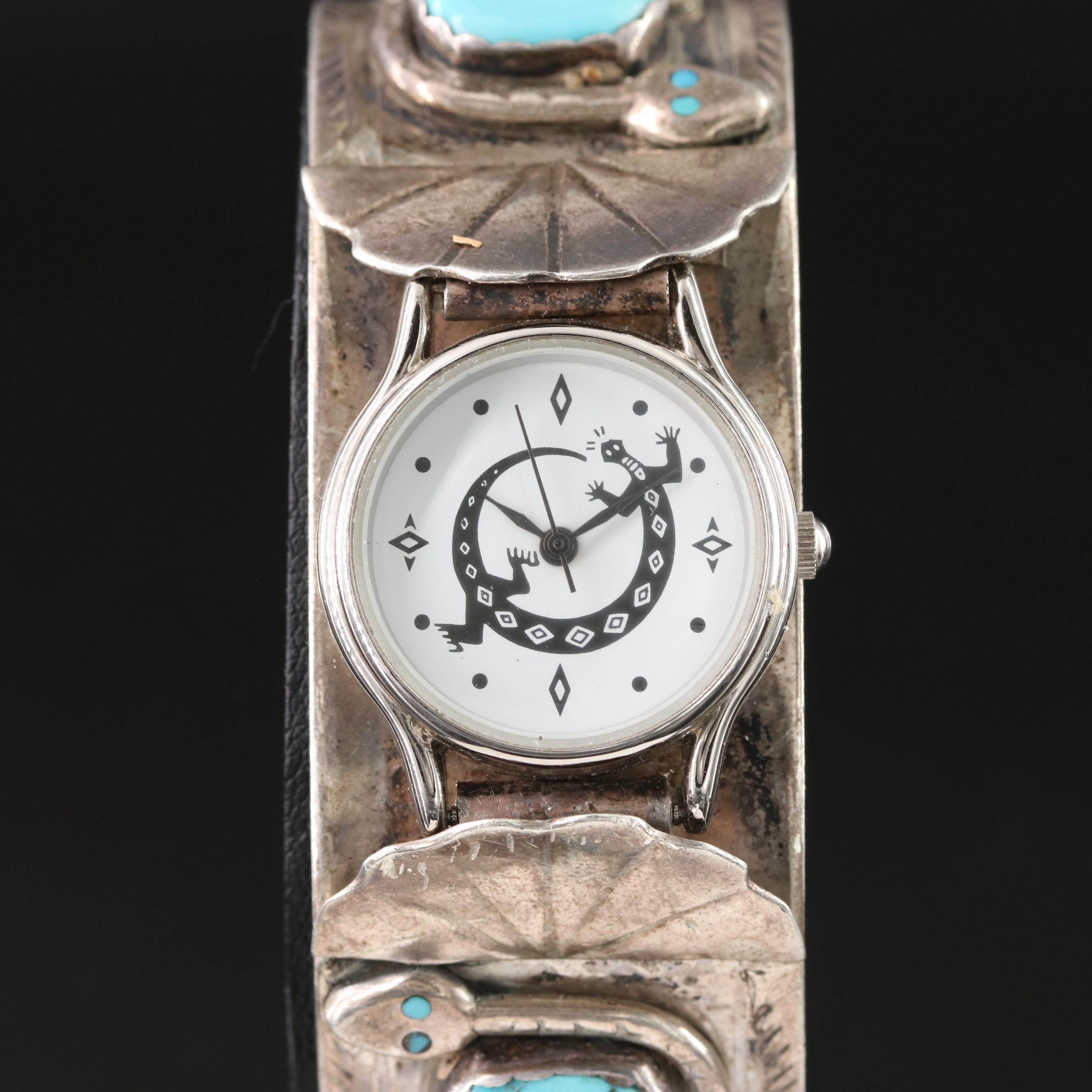 Effie Calavaza Zuni Sterling Turquoise and Coral Cuff Watch