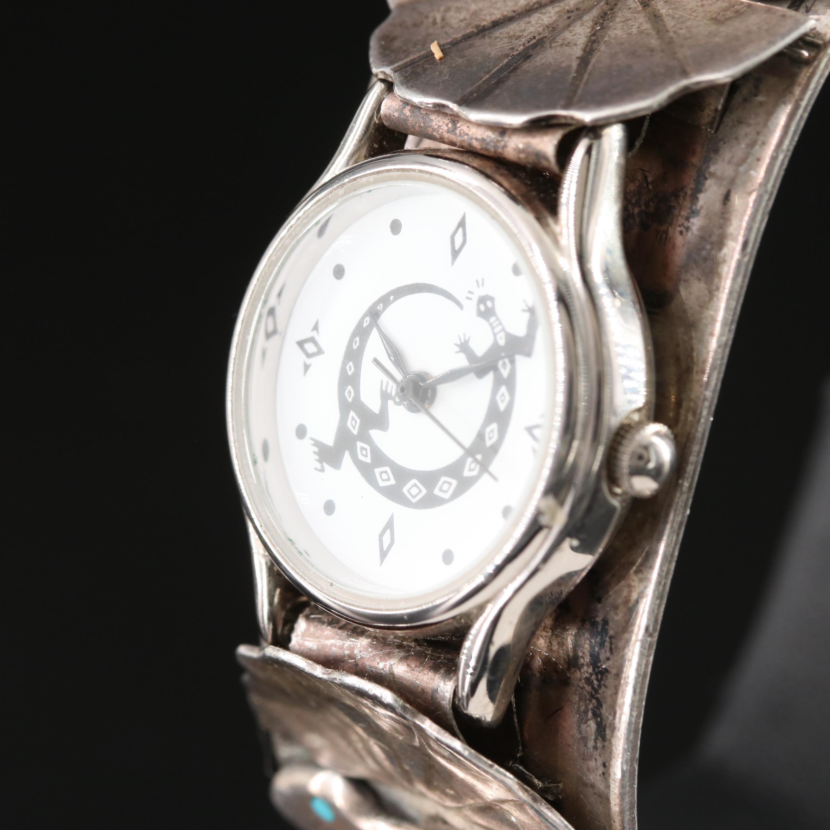 Effie Calavaza Zuni Sterling Turquoise and Coral Cuff Watch