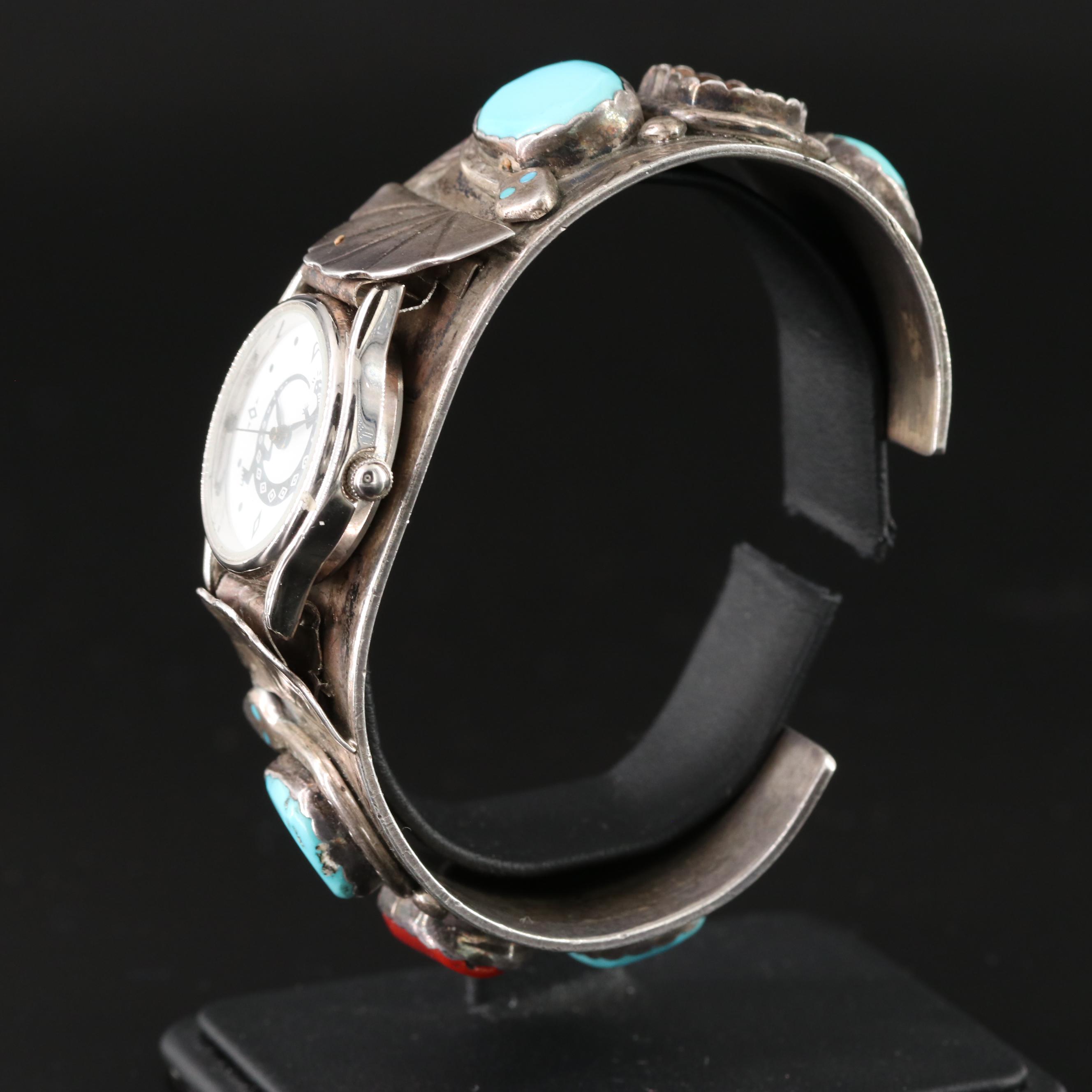 Effie Calavaza Zuni Sterling Turquoise and Coral Cuff Watch