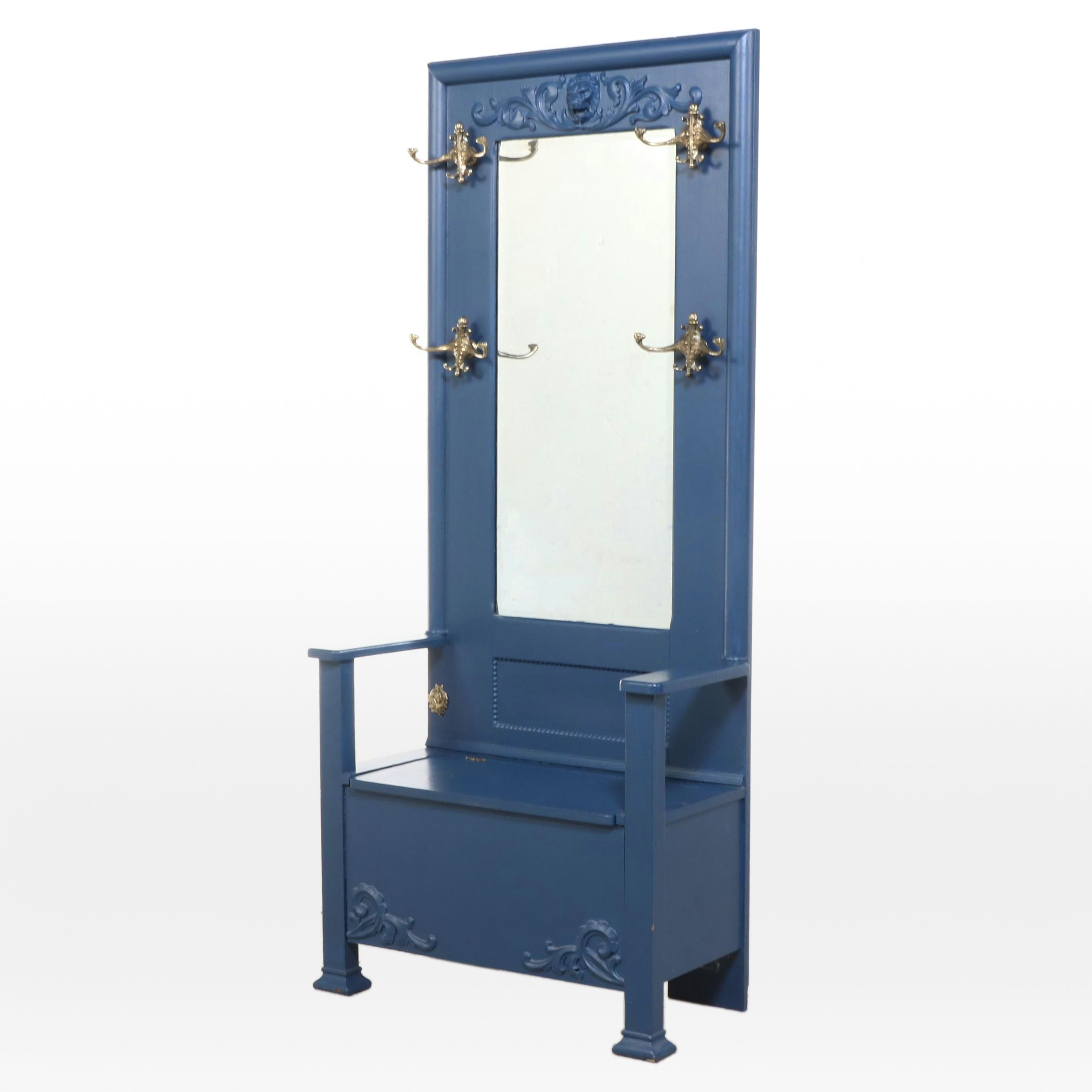 Late Victorian Painted Tiger Oak Hall Tree with Storage Seat