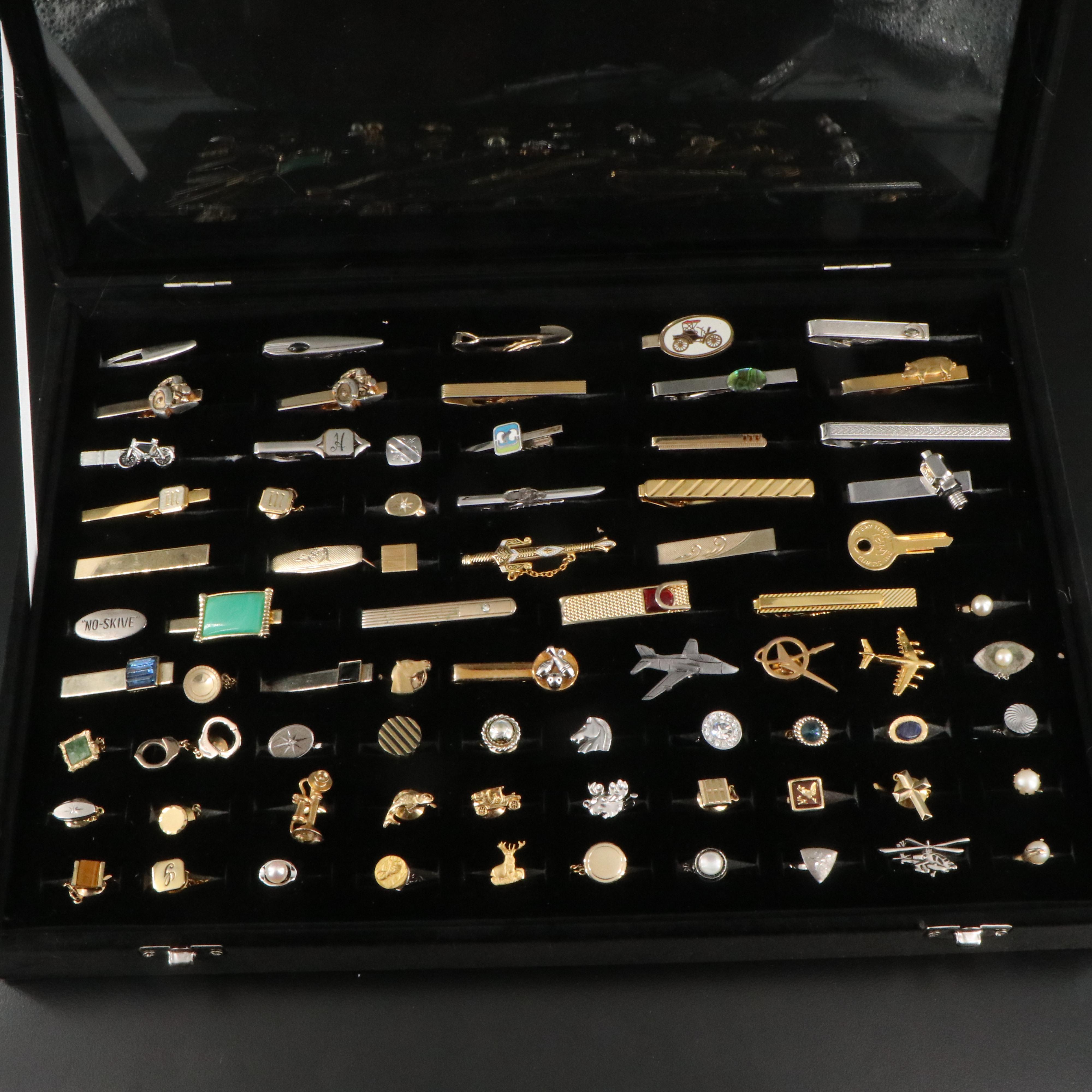 Vintage Collection of Tie Tacks and Tie Bars in a Display Case
