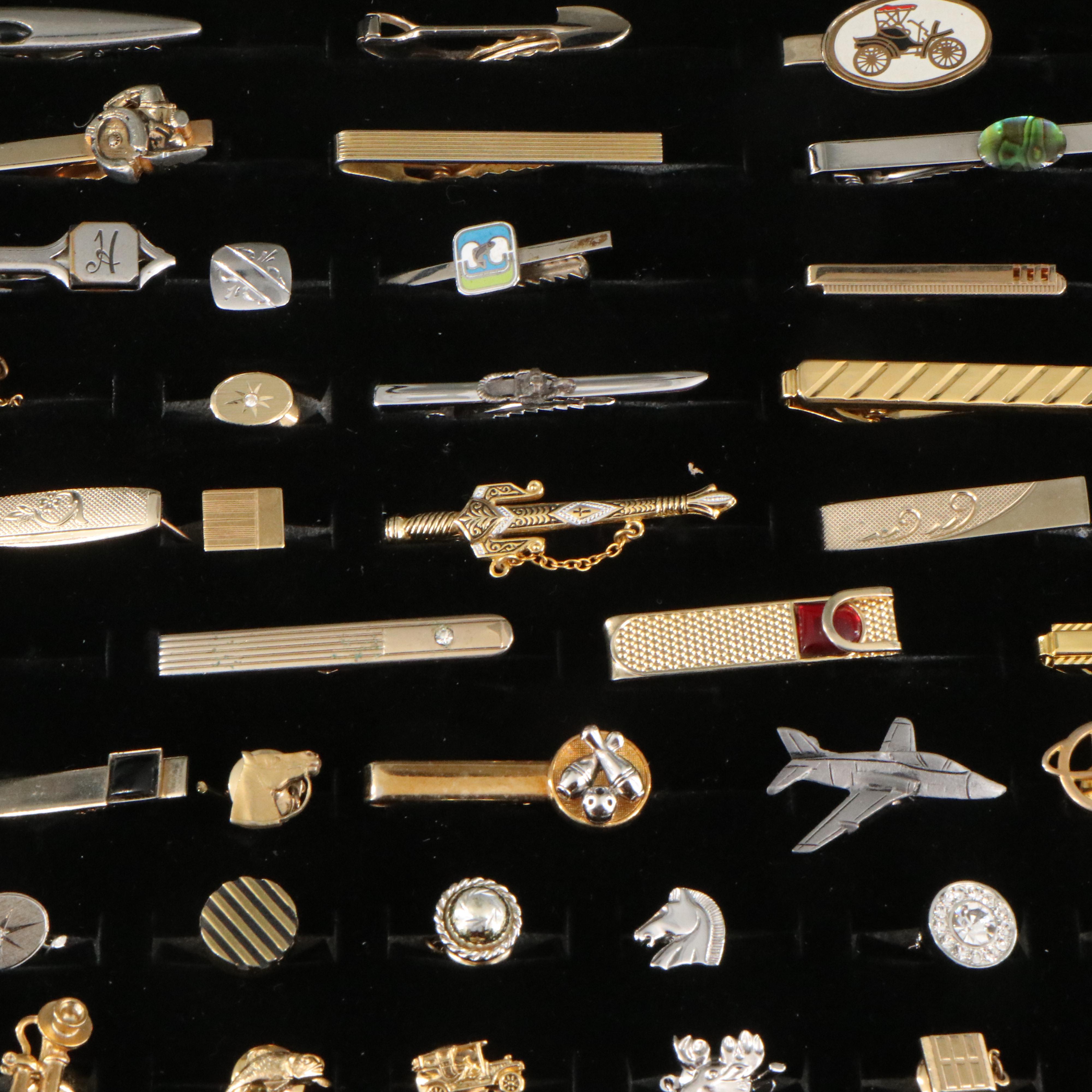 Vintage Collection of Tie Tacks and Tie Bars in a Display Case