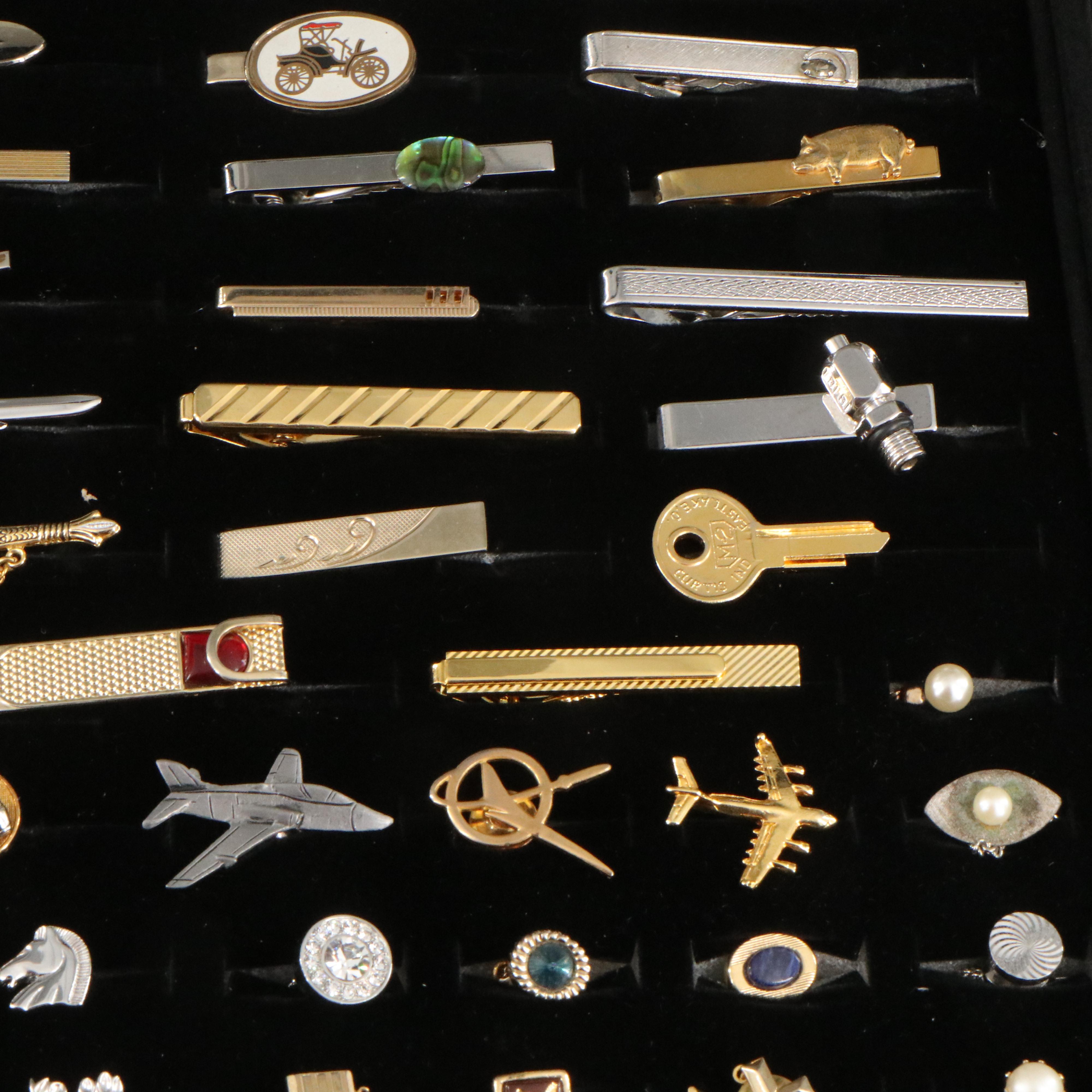 Vintage Collection of Tie Tacks and Tie Bars in a Display Case