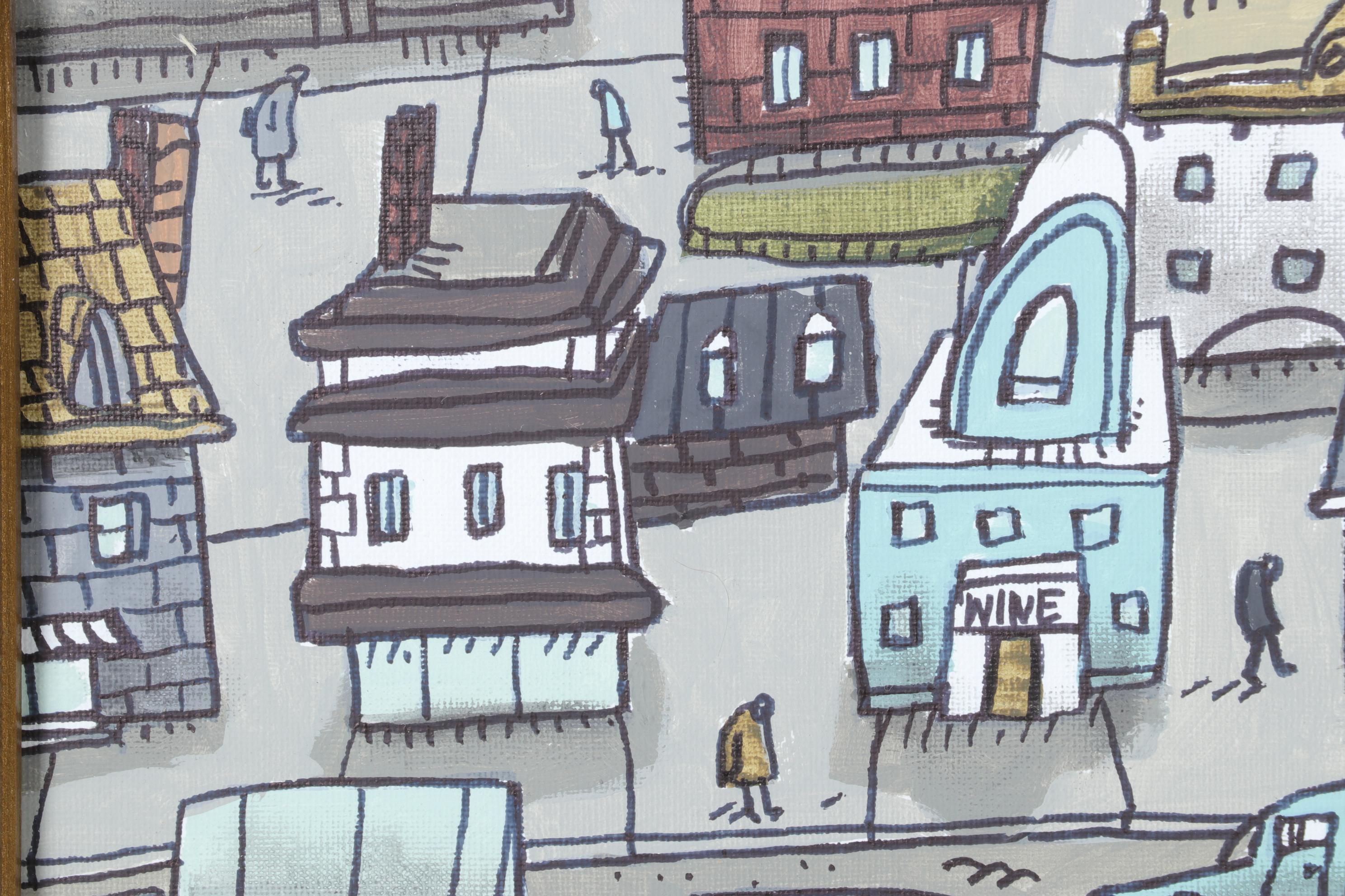 Aaron Wooten Stylized Cityscape Acrylic Painting, 21st century