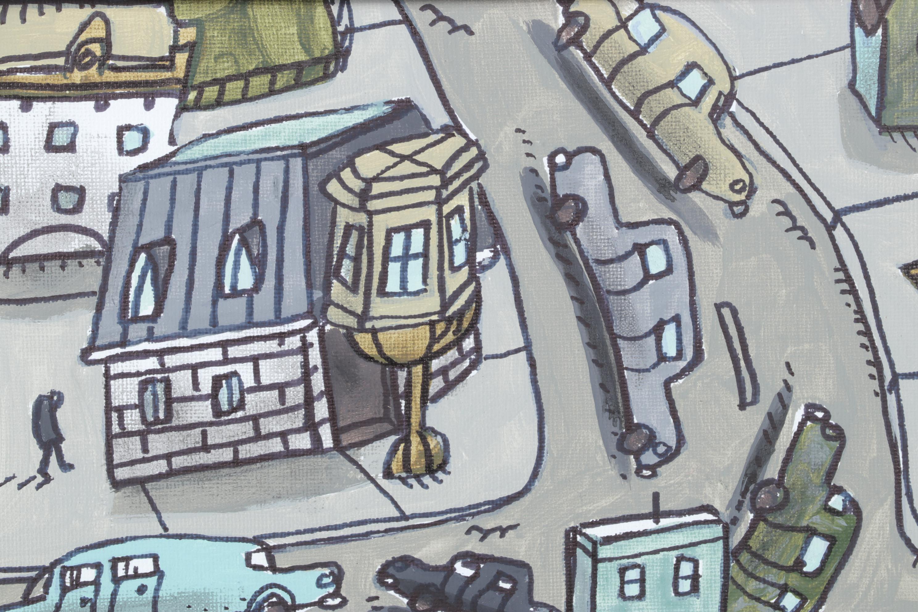 Aaron Wooten Stylized Cityscape Acrylic Painting, 21st century