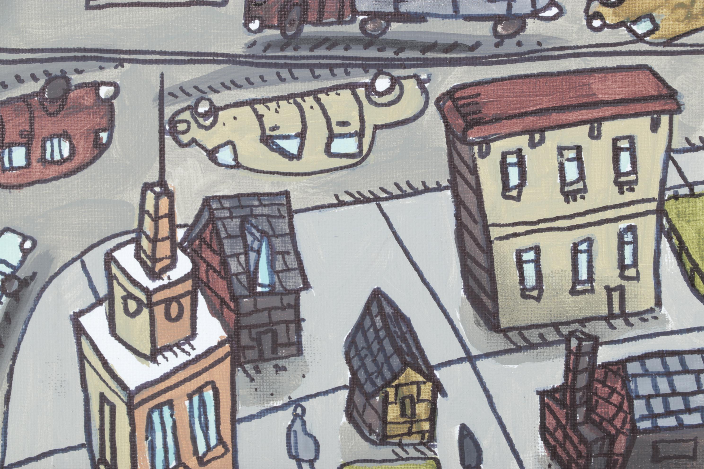 Aaron Wooten Stylized Cityscape Acrylic Painting, 21st century