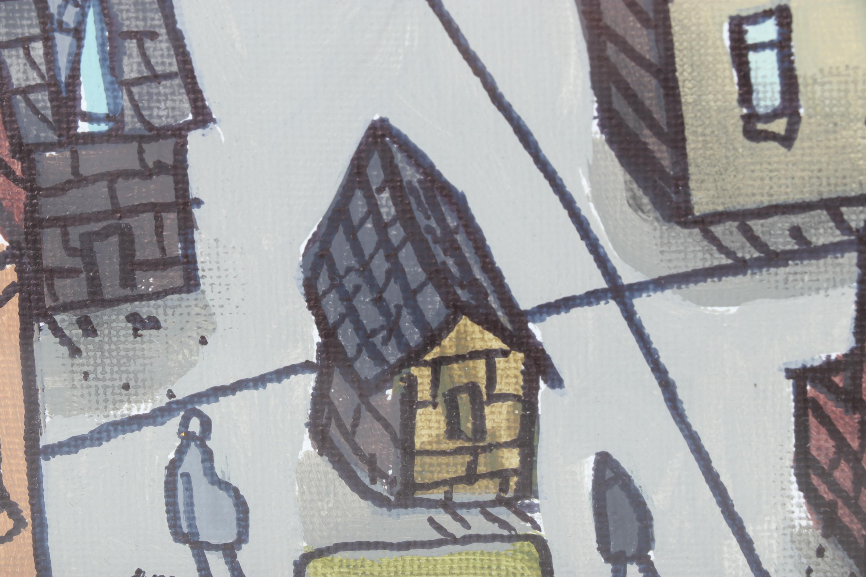 Aaron Wooten Stylized Cityscape Acrylic Painting, 21st century