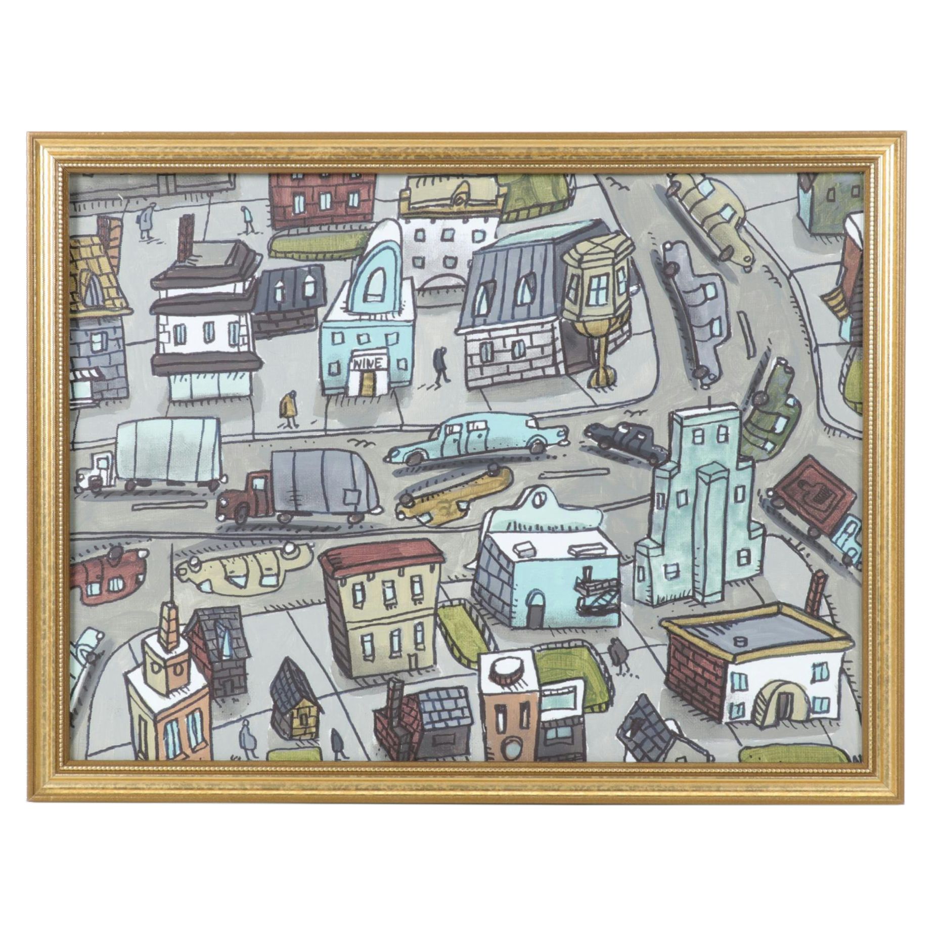 Aaron Wooten Stylized Cityscape Acrylic Painting, 21st century