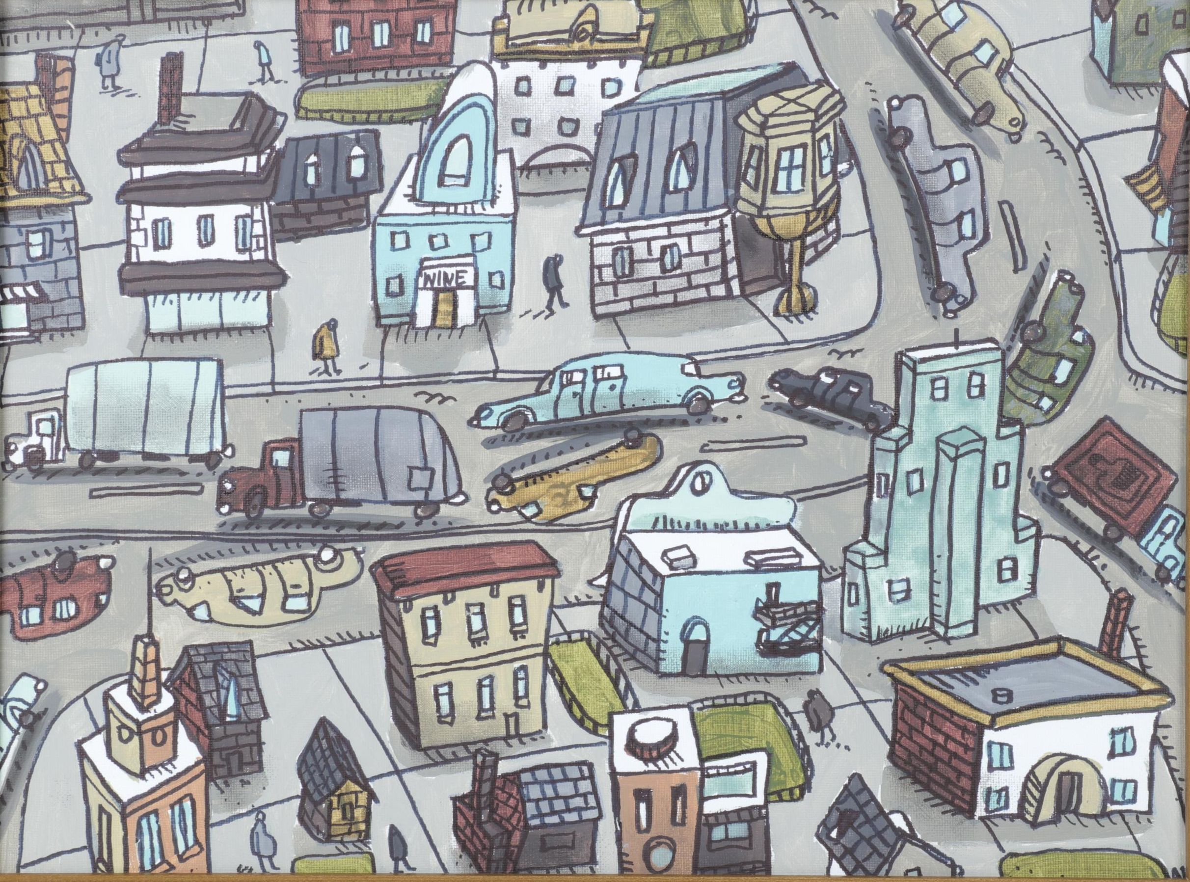 Aaron Wooten Stylized Cityscape Acrylic Painting, 21st century