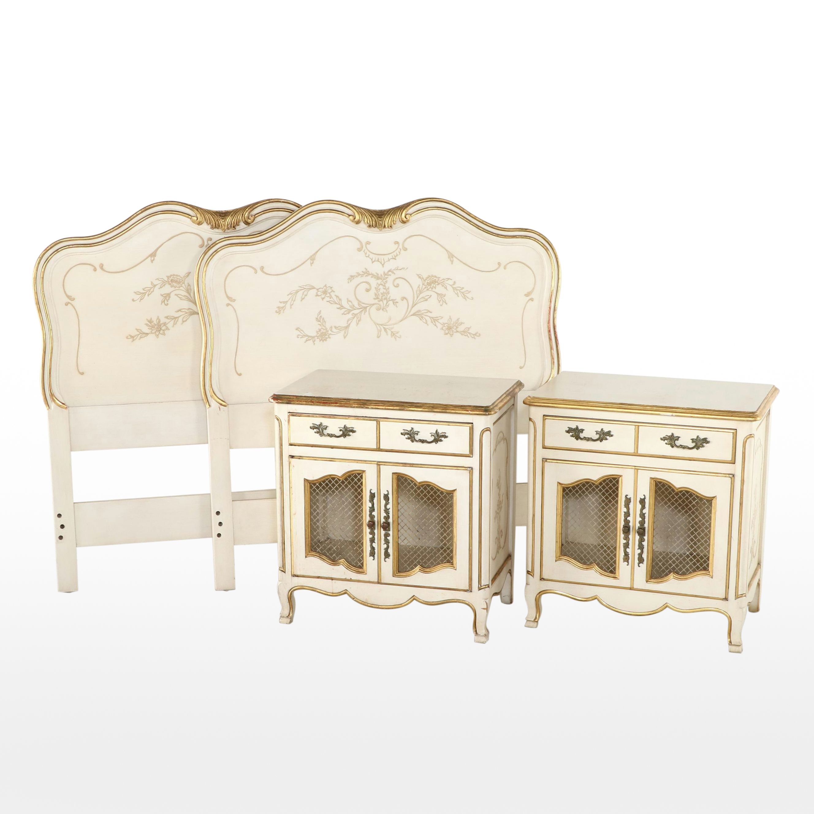 John Widdicomb French Provincial Style Painted Wood Bed and Side Tables