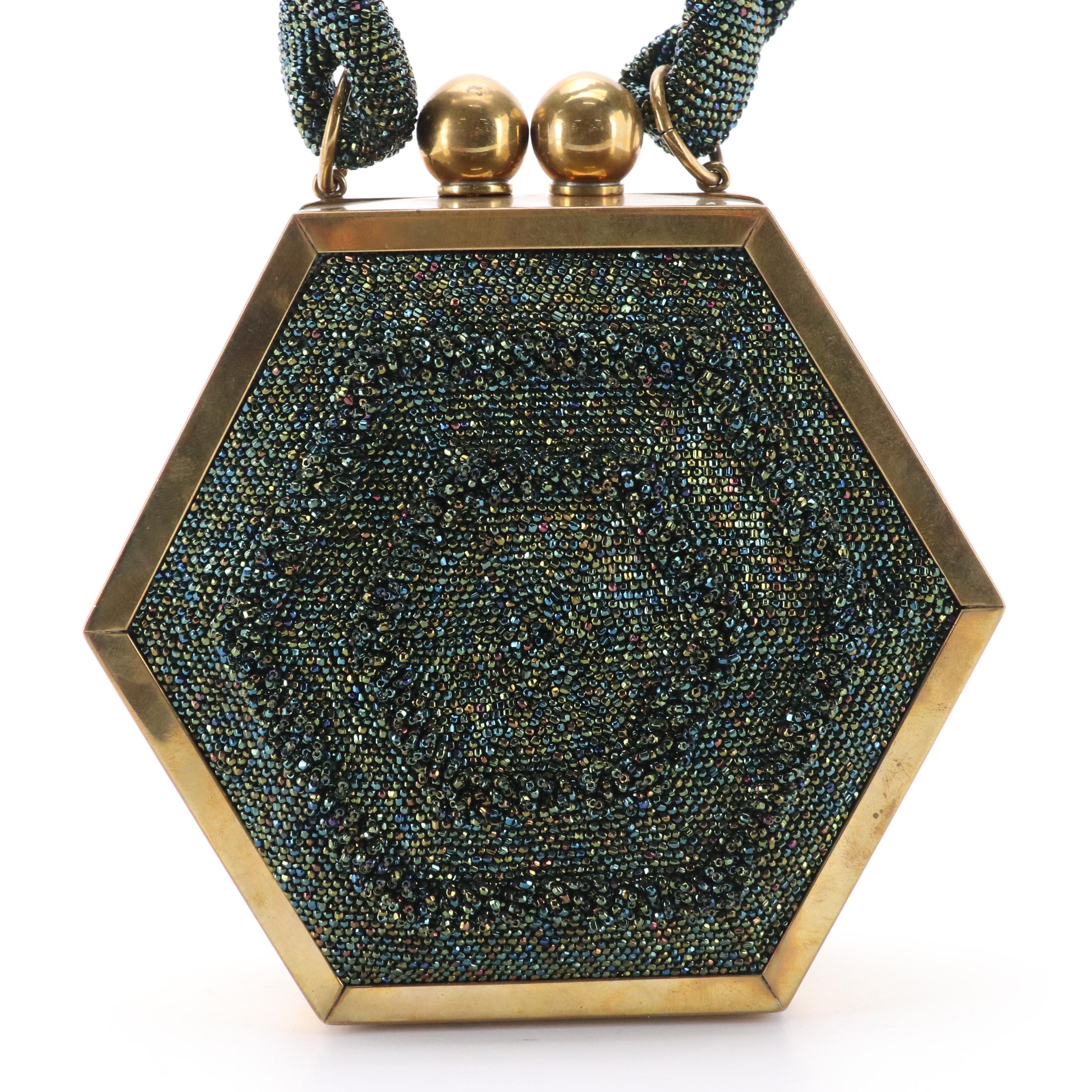 J. B. Barcelona Sateen/Metal Minaudière with Other Hexagon Metal/Bead Box Purse