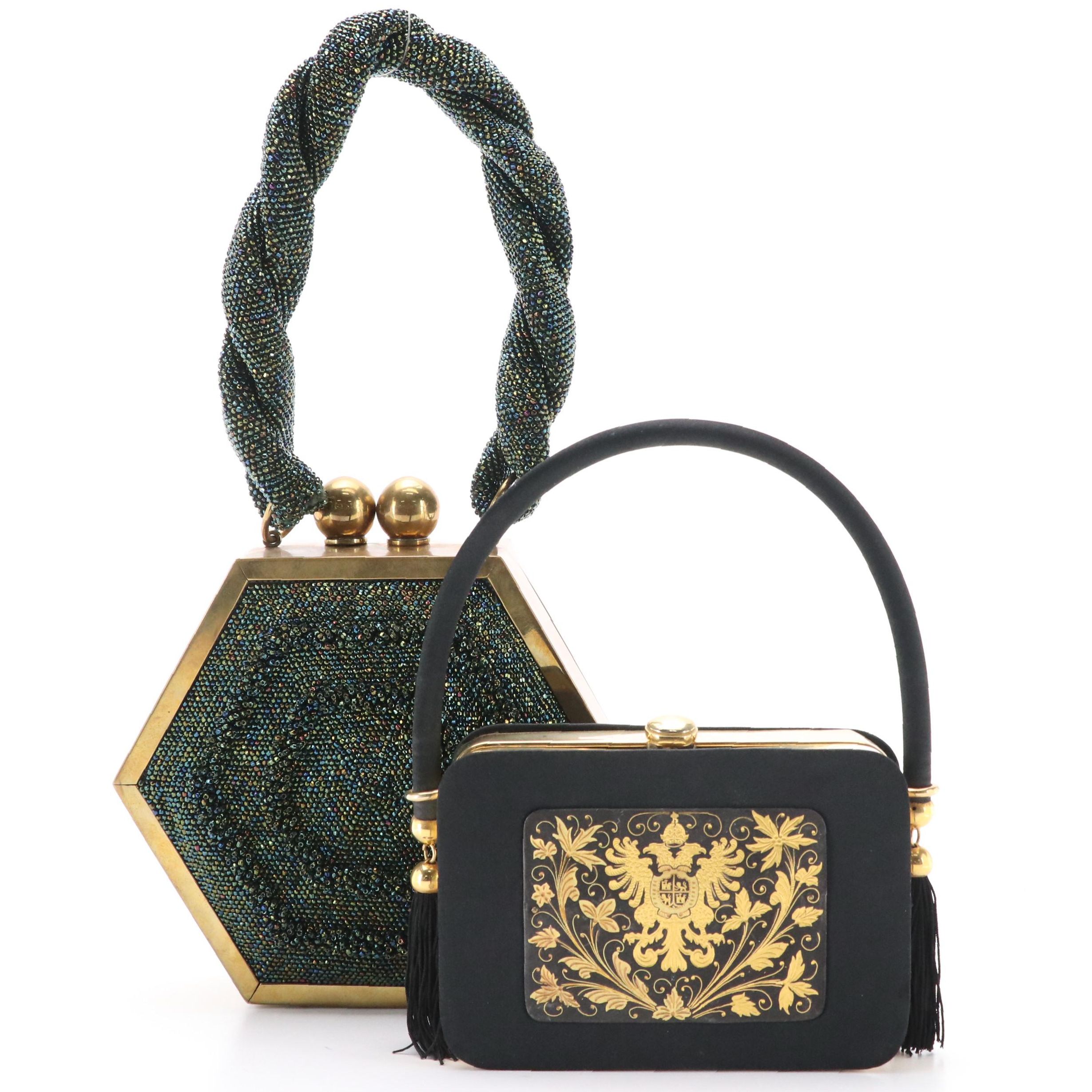 J. B. Barcelona Sateen/Metal Minaudière with Other Hexagon Metal/Bead Box Purse