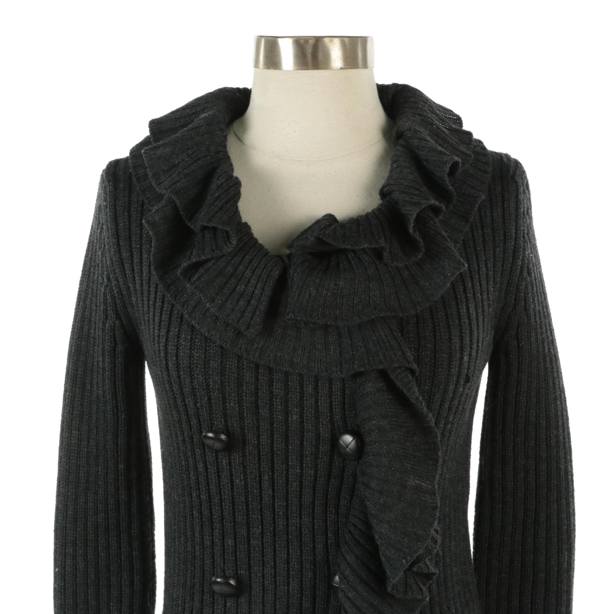 Prada Ruffled Wool Knit Double-Breasted Cardigan Sweater