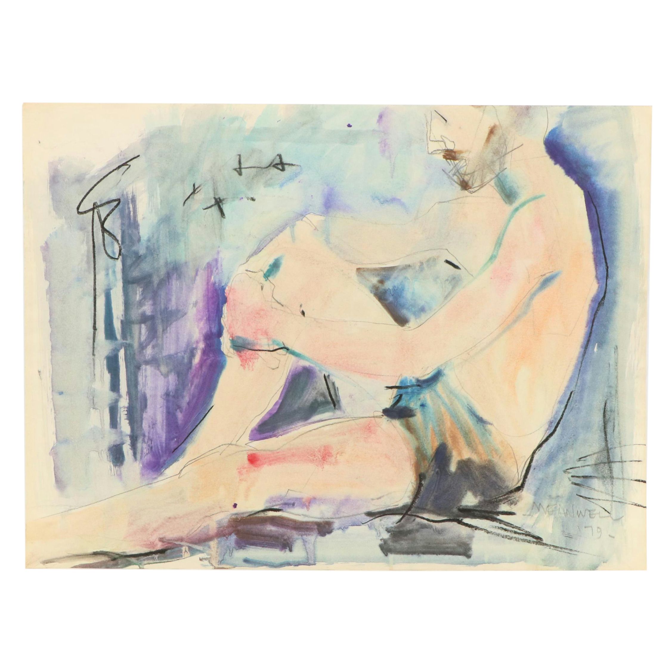 Jack Meanwell Figural Modern Mixed Media Painting, 1979