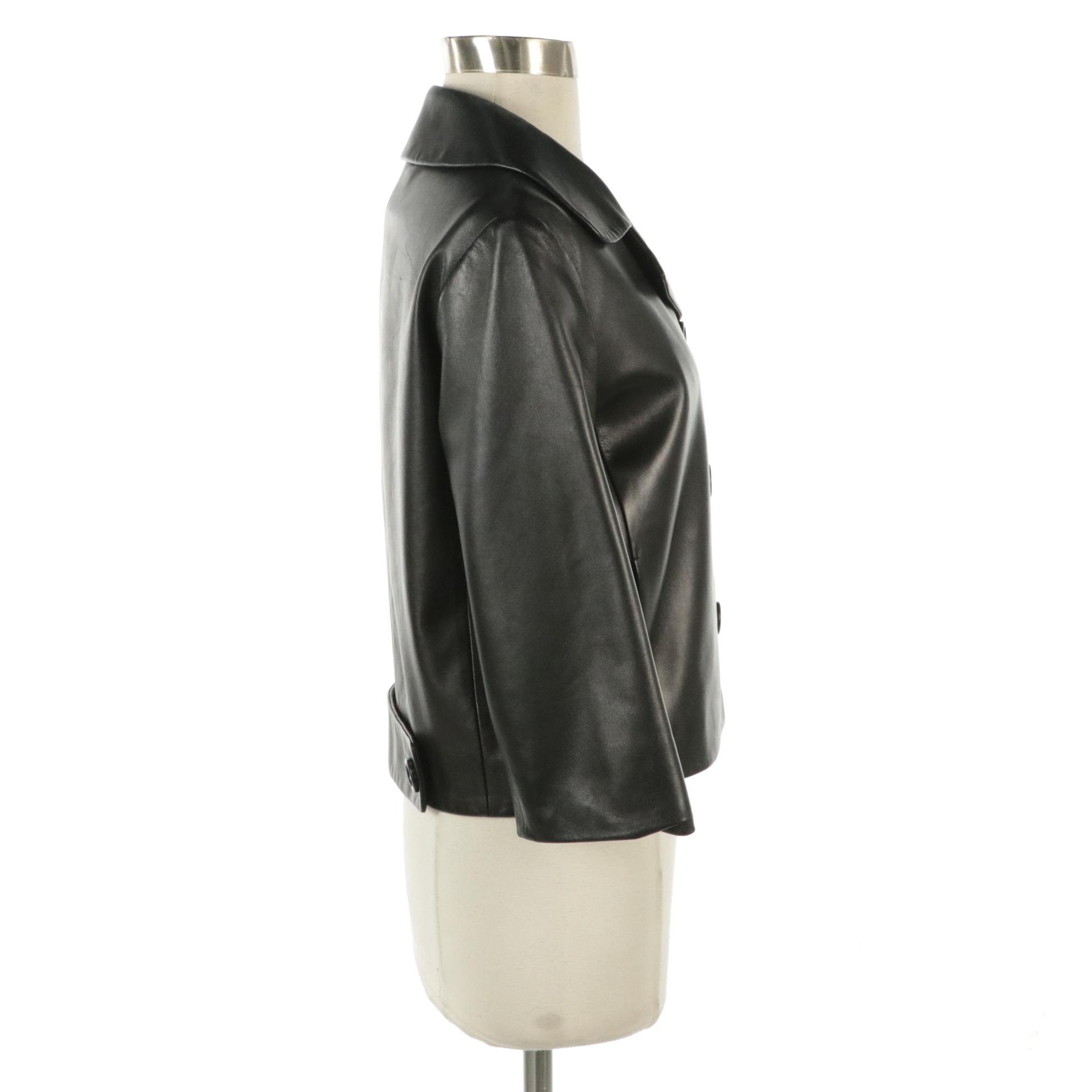 Prada Black Lambskin Leather Button-Front Cropped Jacket