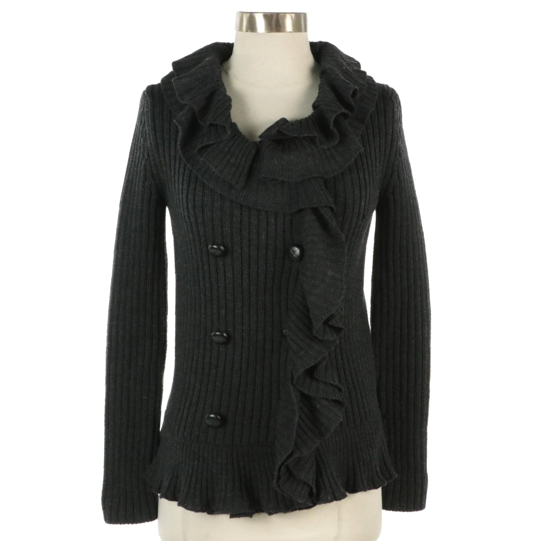 Prada Ruffled Wool Knit Double-Breasted Cardigan Sweater