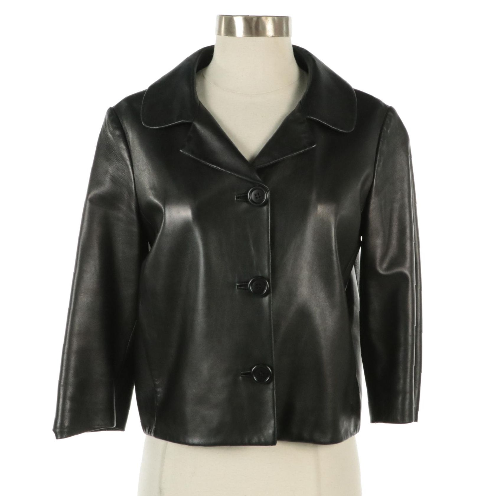 Prada Black Lambskin Leather Button-Front Cropped Jacket