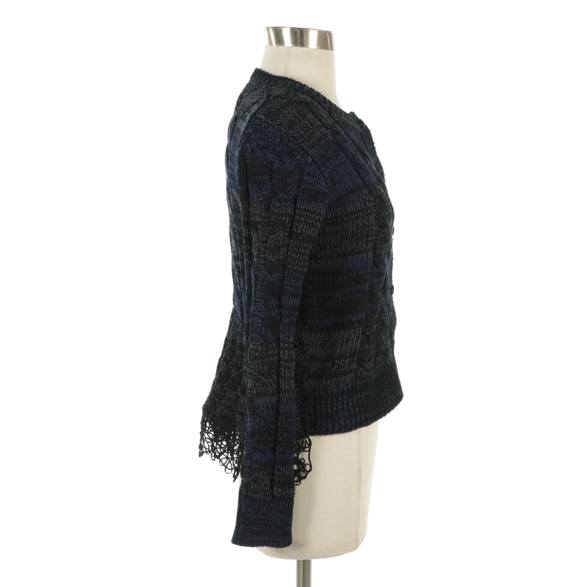 Prada Knit Button-Front Sweater with Ribbon Lace Detail