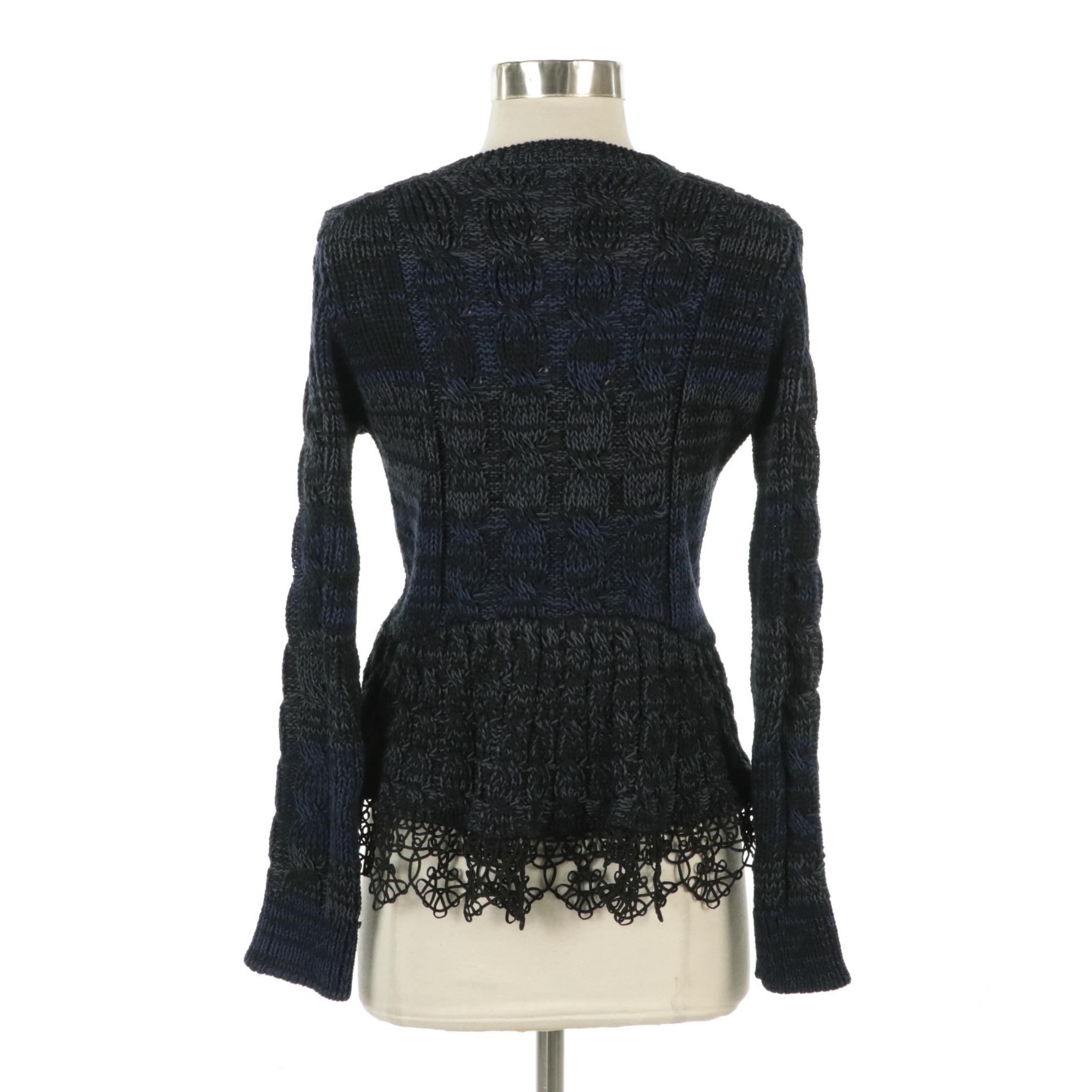 Prada Knit Button-Front Sweater with Ribbon Lace Detail