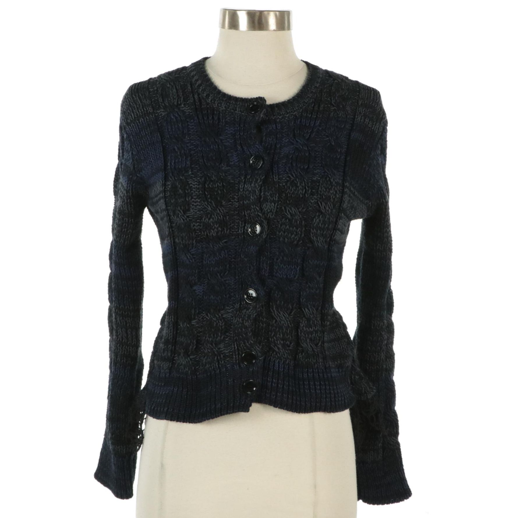 Prada Knit Button-Front Sweater with Ribbon Lace Detail