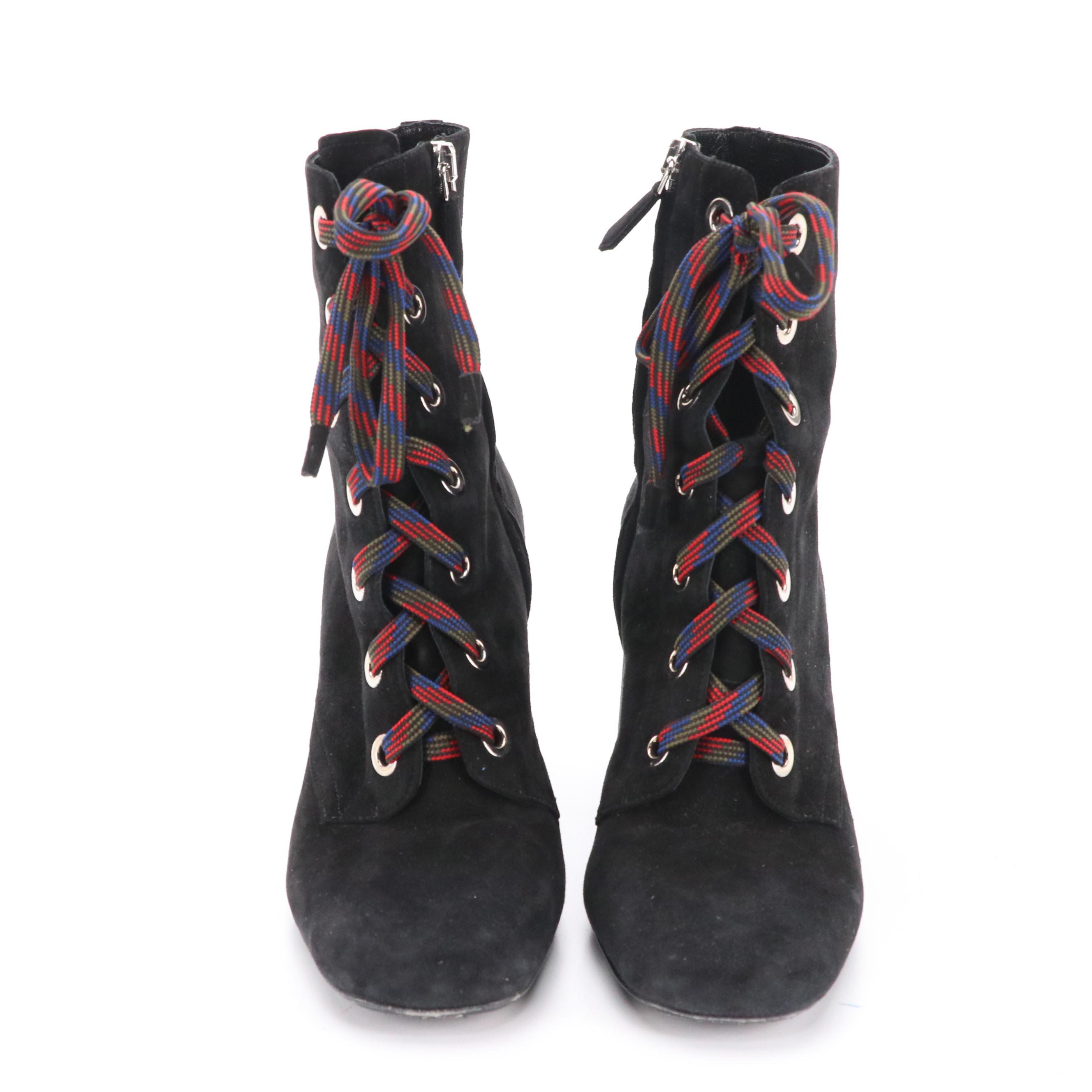 Prada Lace-Up Block Heel Ankle Boots in Black Suede