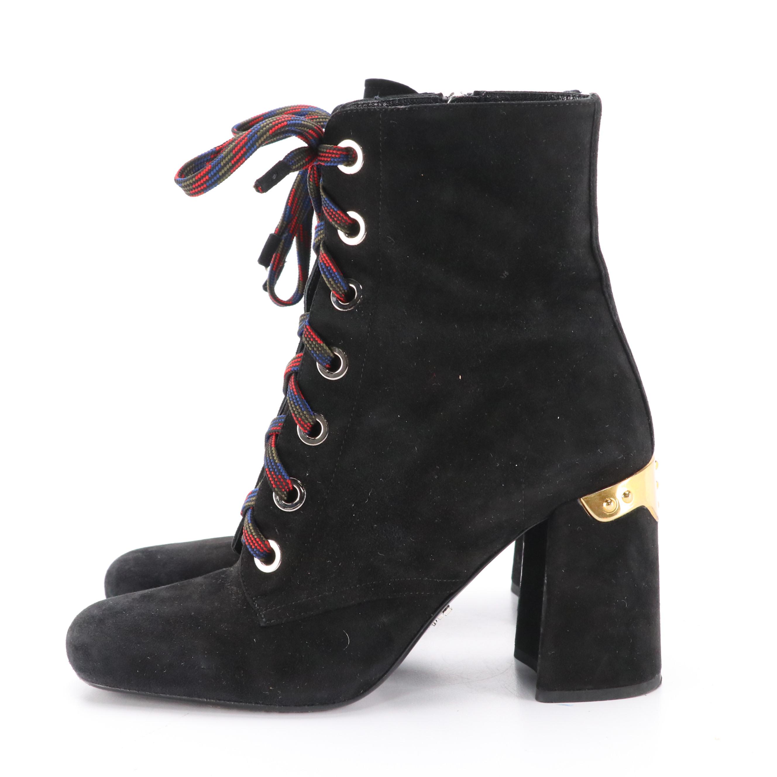 Prada Lace-Up Block Heel Ankle Boots in Black Suede