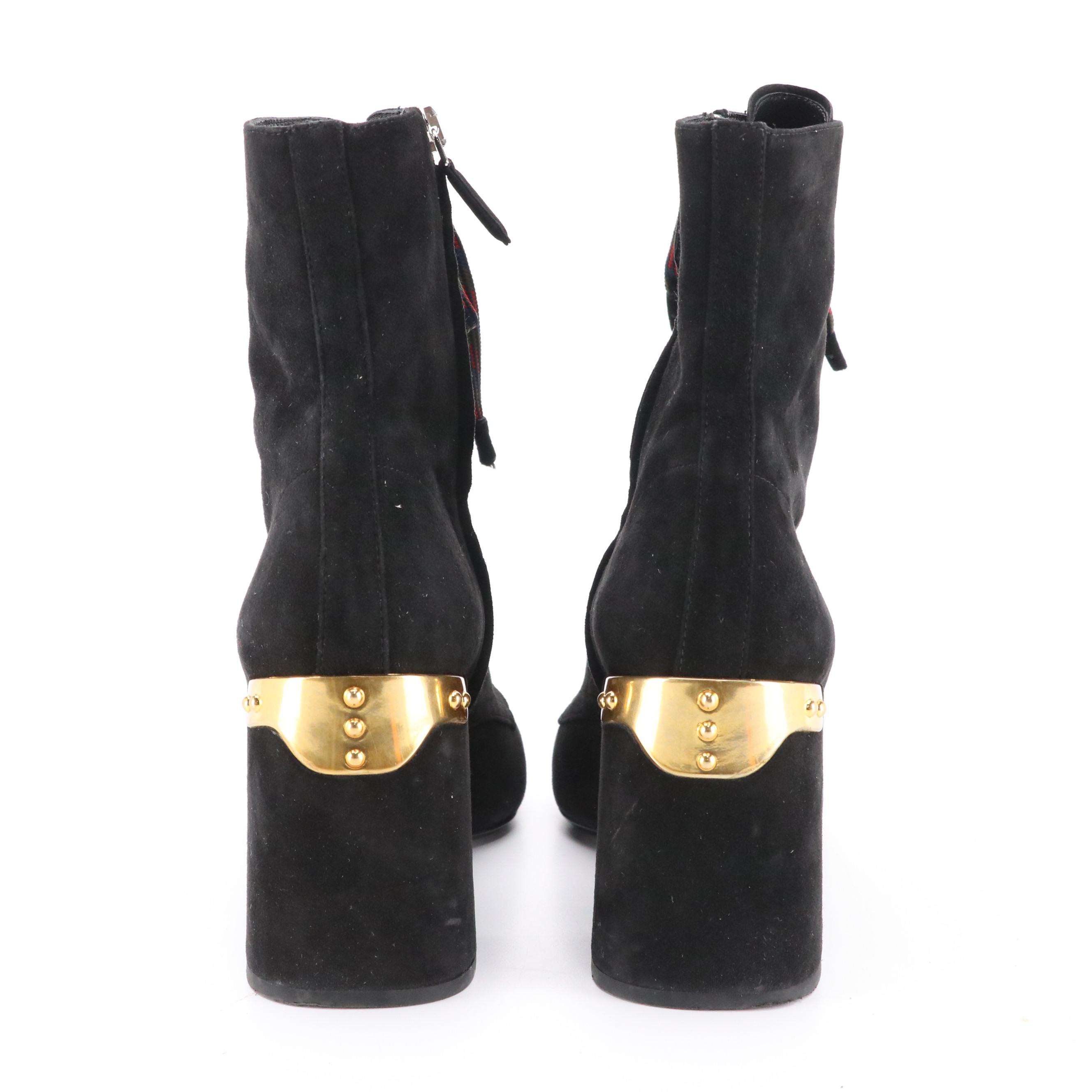 Prada Lace-Up Block Heel Ankle Boots in Black Suede