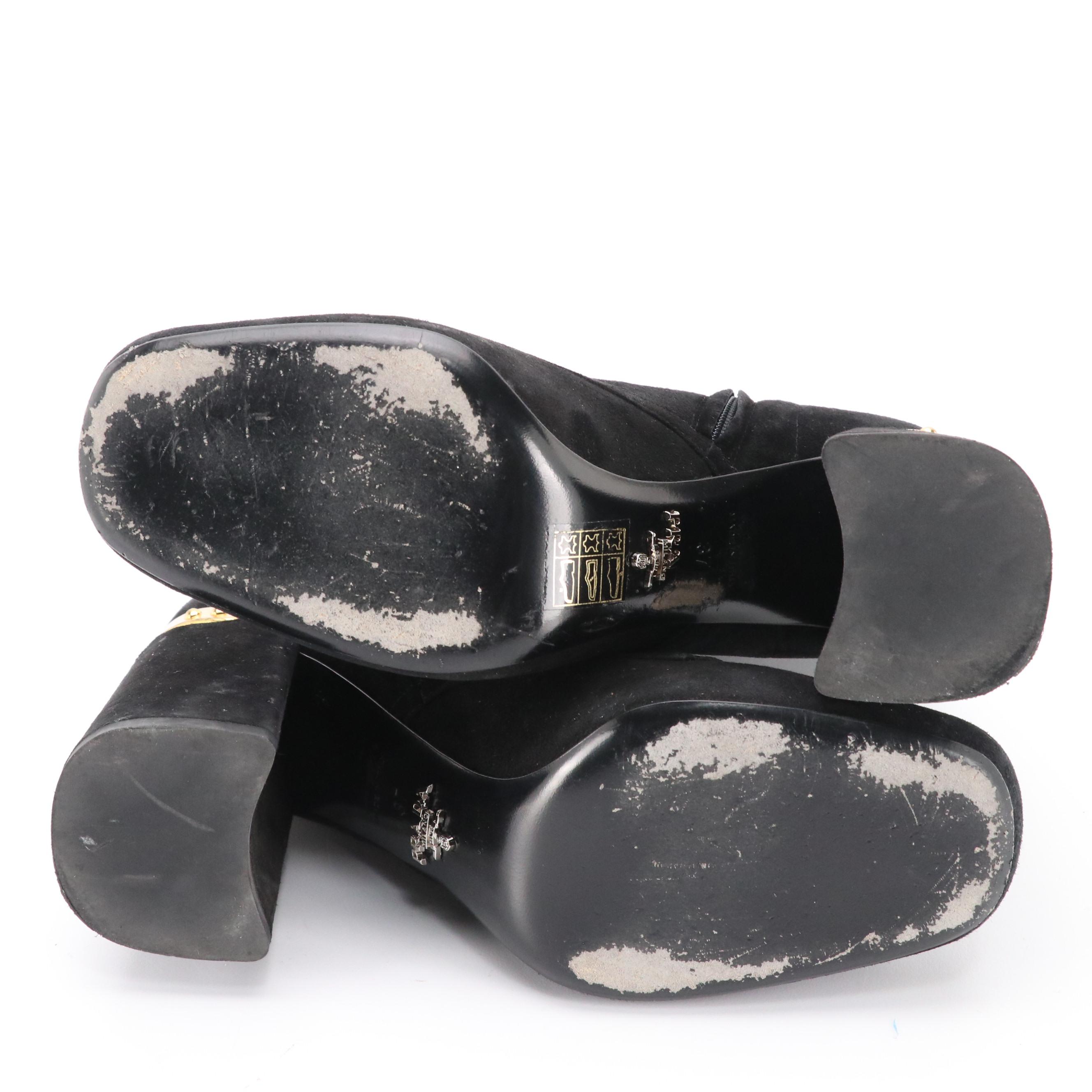 Prada Lace-Up Block Heel Ankle Boots in Black Suede