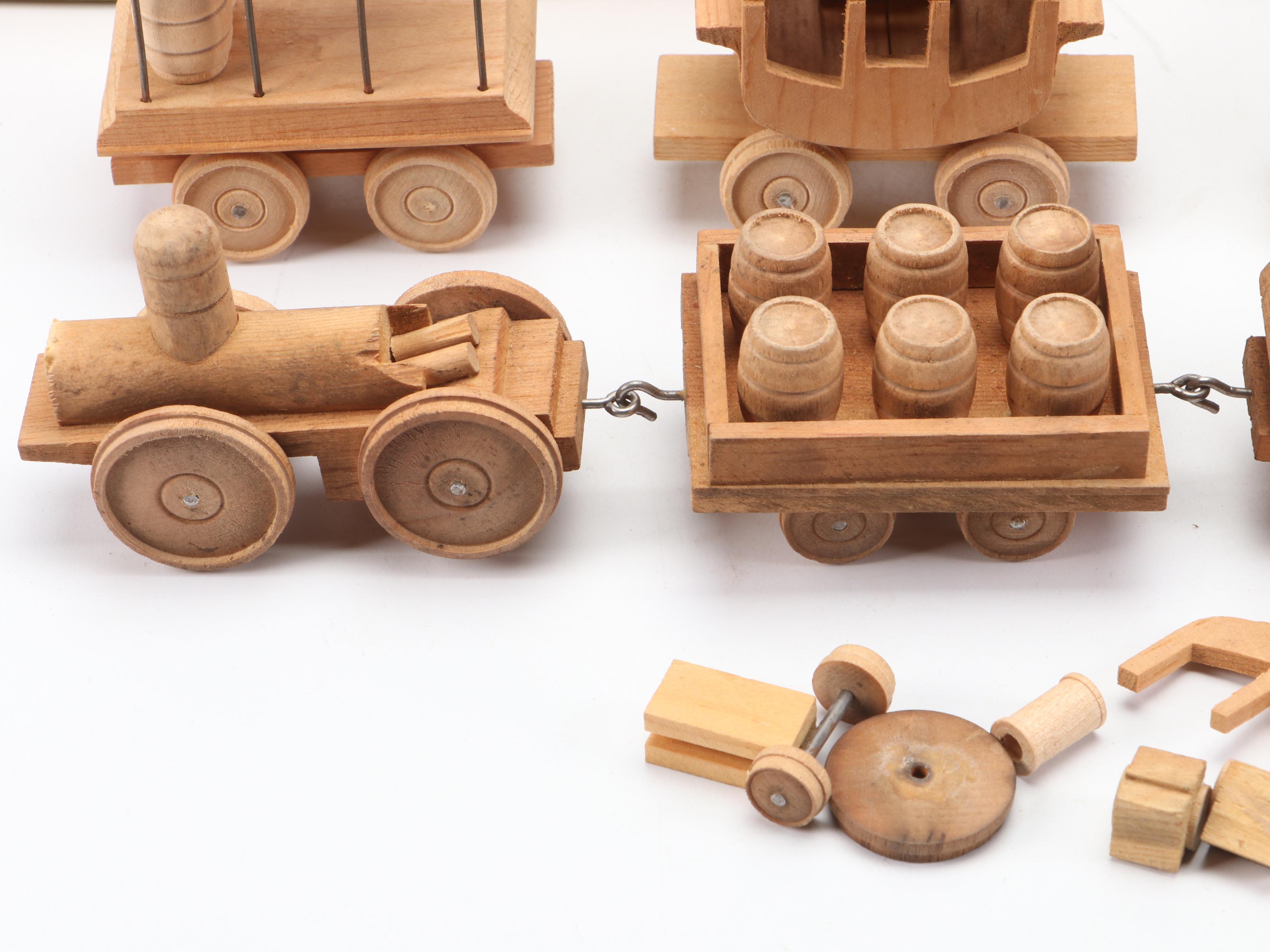 StromBecker Pioneer & DeWitt Clinton Trains, Carved Wood Railroad Cars, More