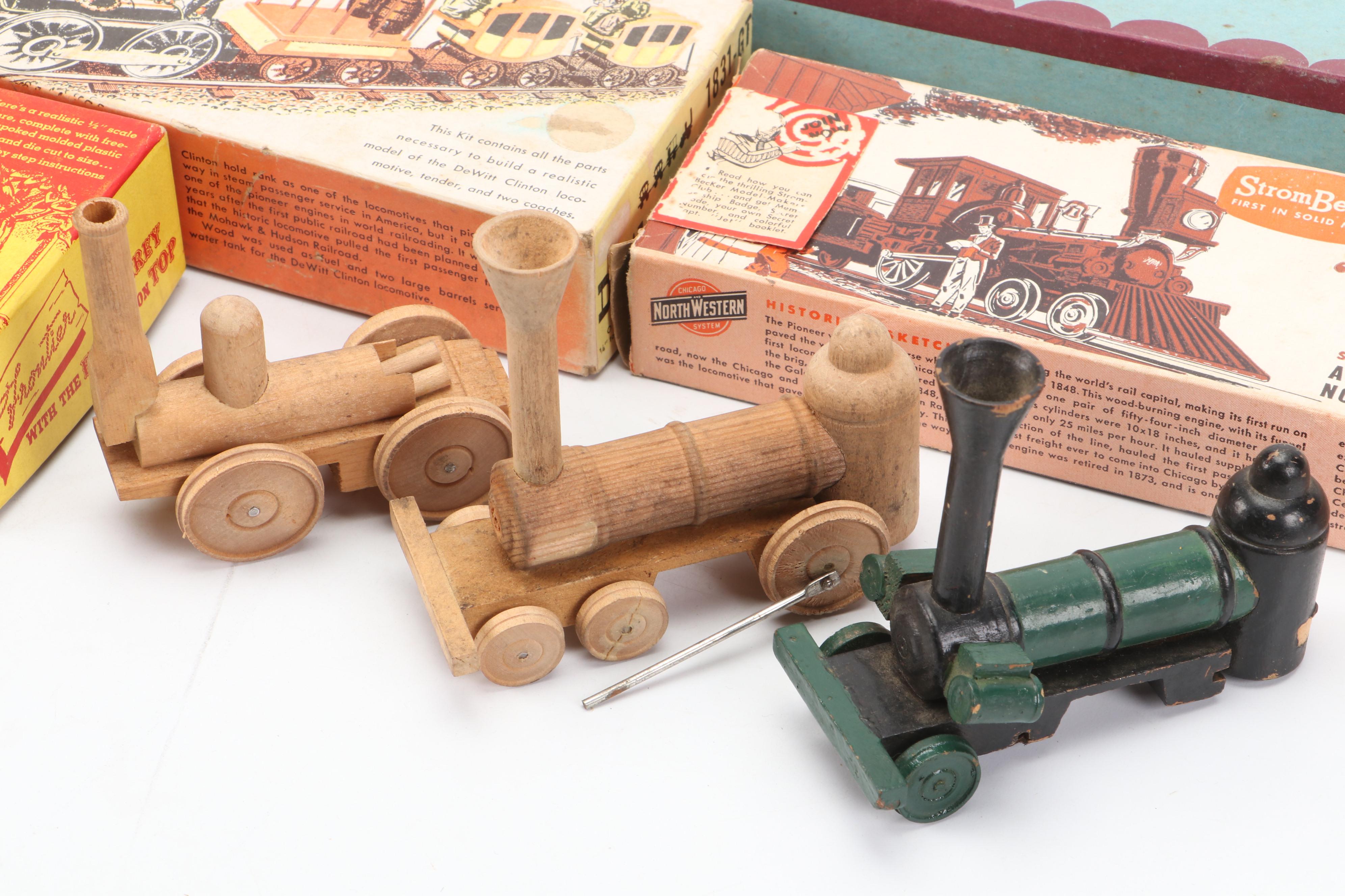 StromBecker Pioneer & DeWitt Clinton Trains, Carved Wood Railroad Cars, More