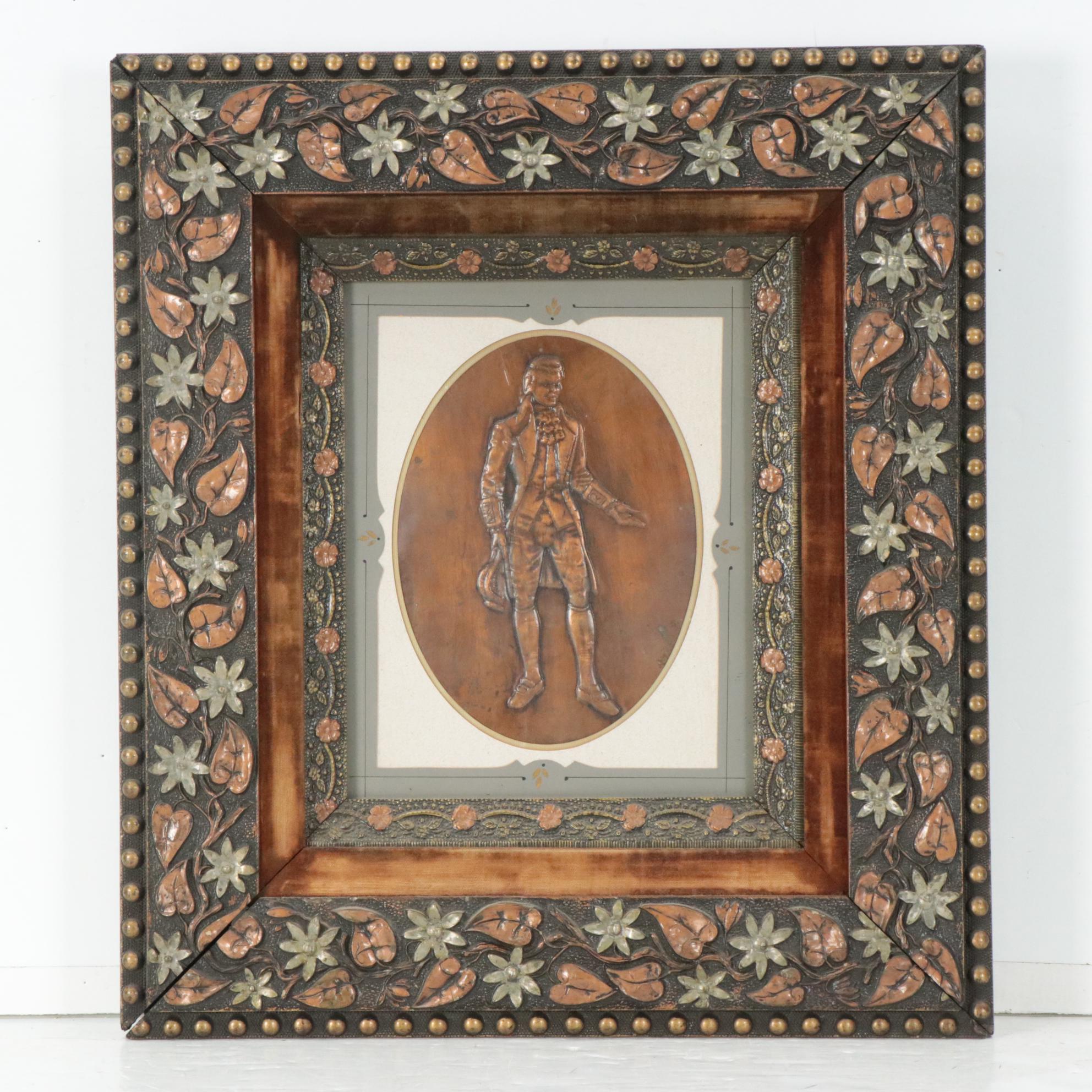 Embossed Hammered Copper Plaques of Colonial Man and Woman, 20th Century