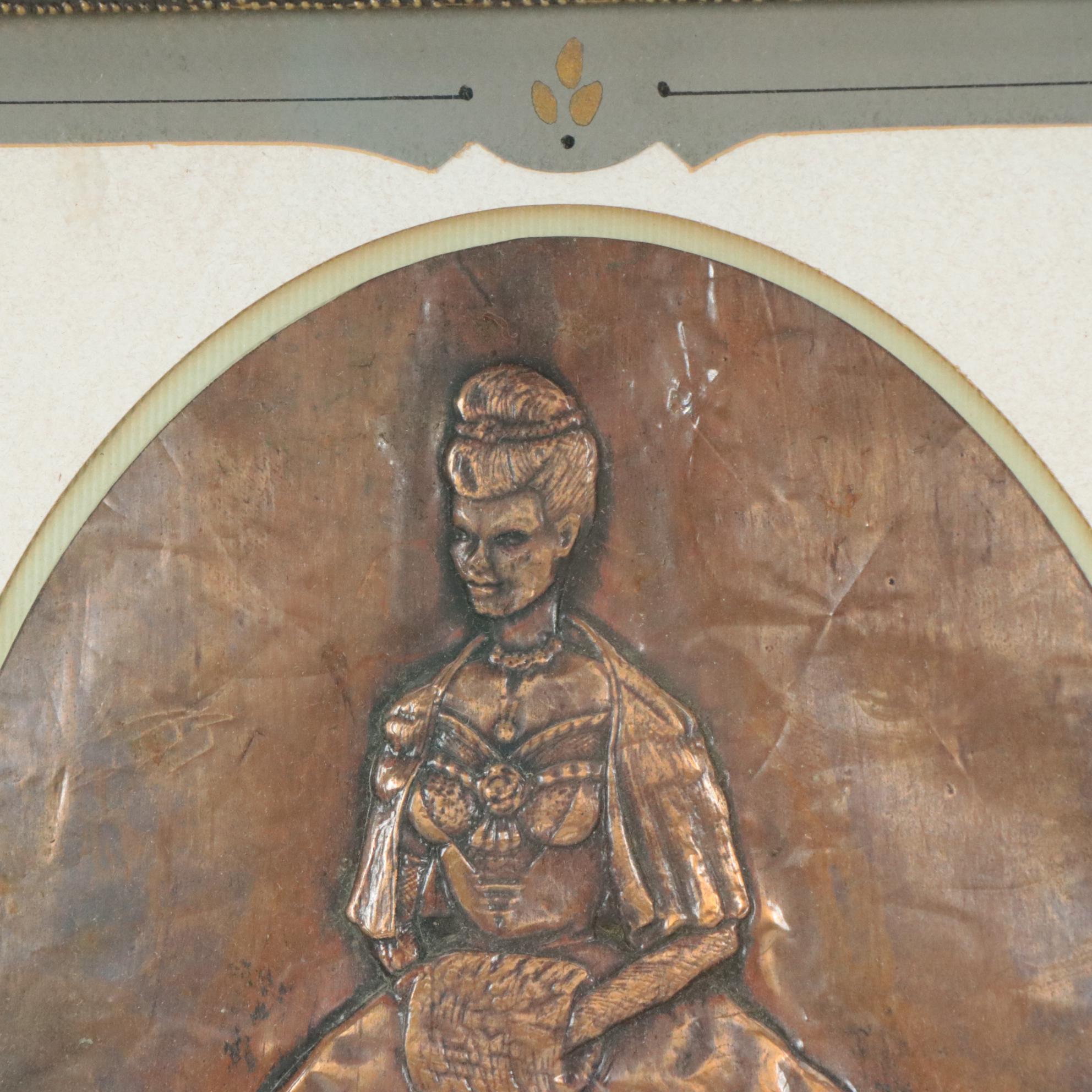 Embossed Hammered Copper Plaques of Colonial Man and Woman, 20th Century