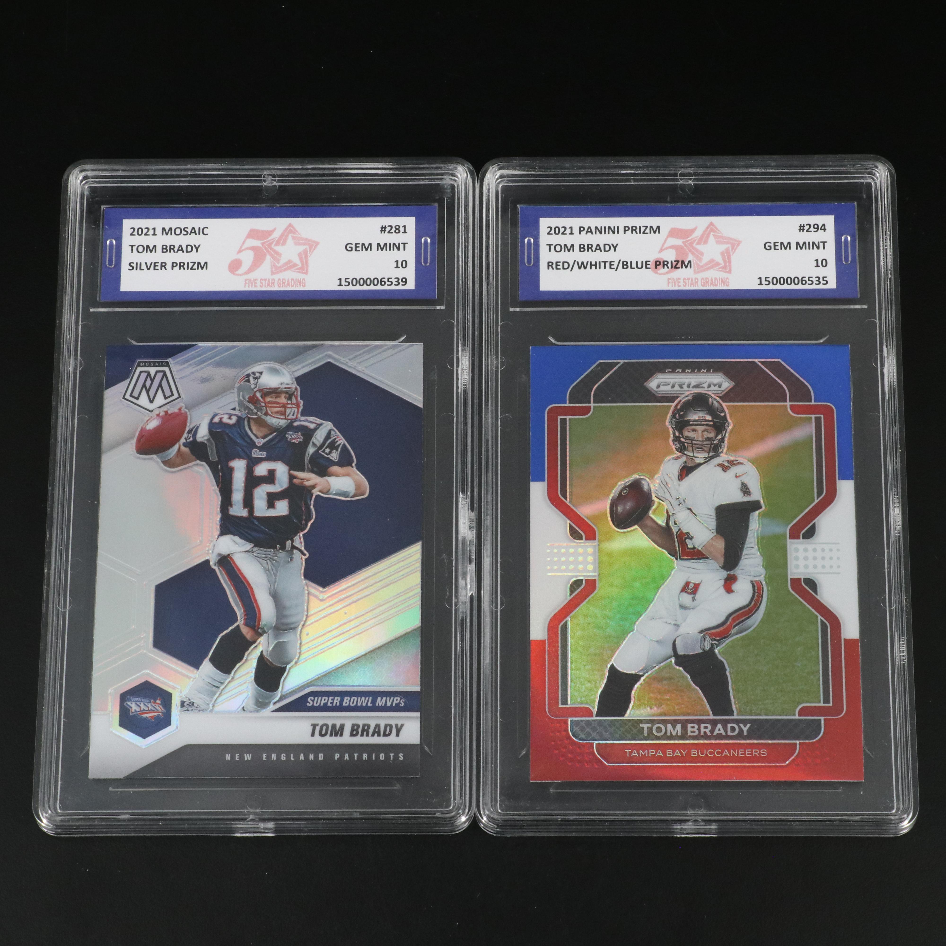 2021 Mosaic Tom Brady Slabbed Silver and Red/White/Blue Prizm Football Cards