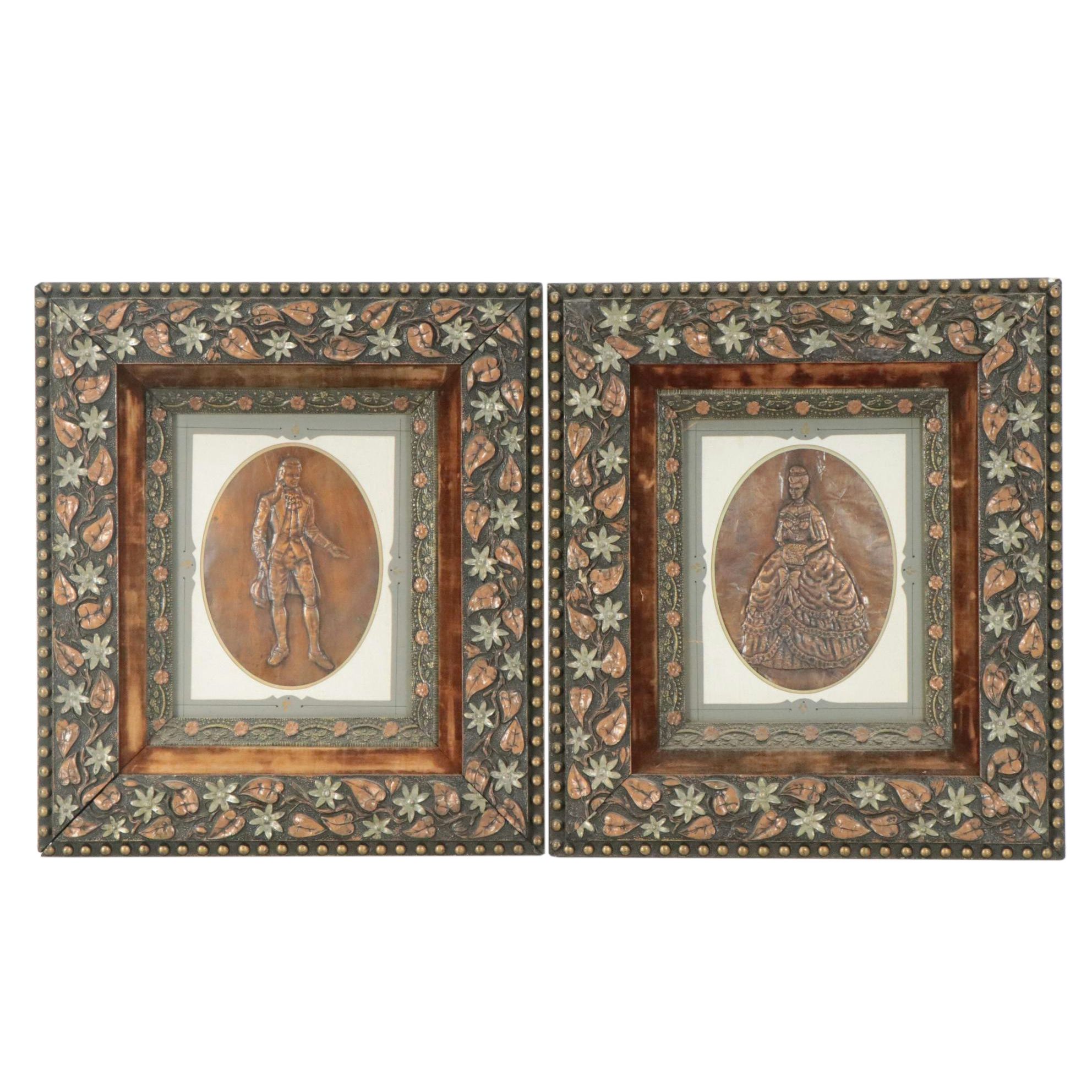 Embossed Hammered Copper Plaques of Colonial Man and Woman, 20th Century