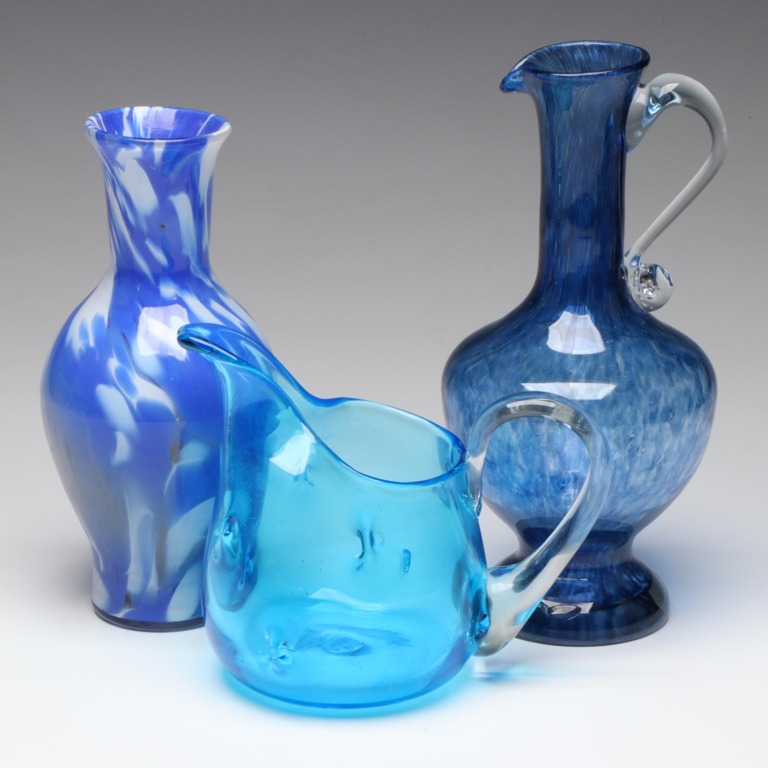 Blue Art Glass Vase and Blown Glass Pitchers