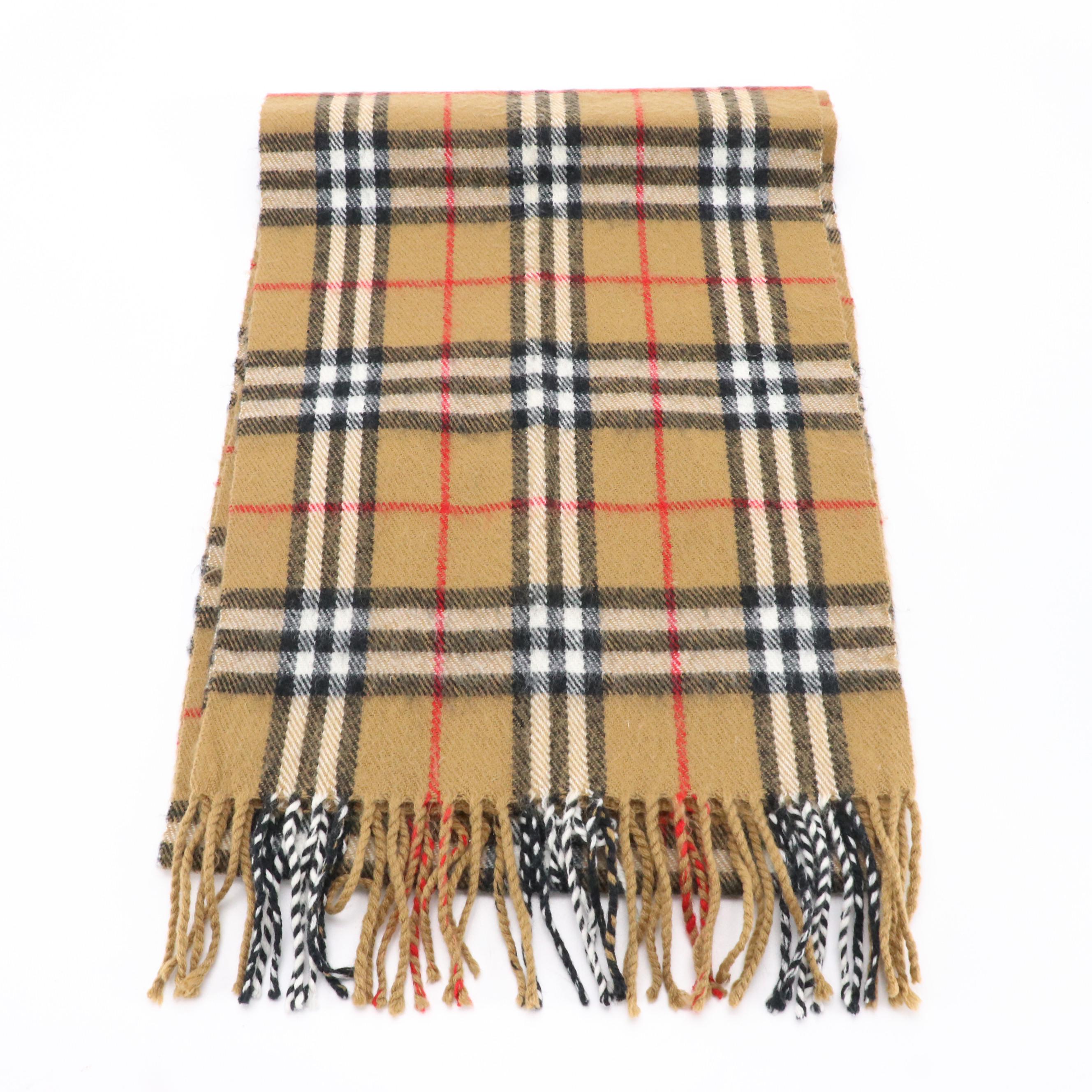 Burberrys Tan Check Lambswool Fringe Scarf