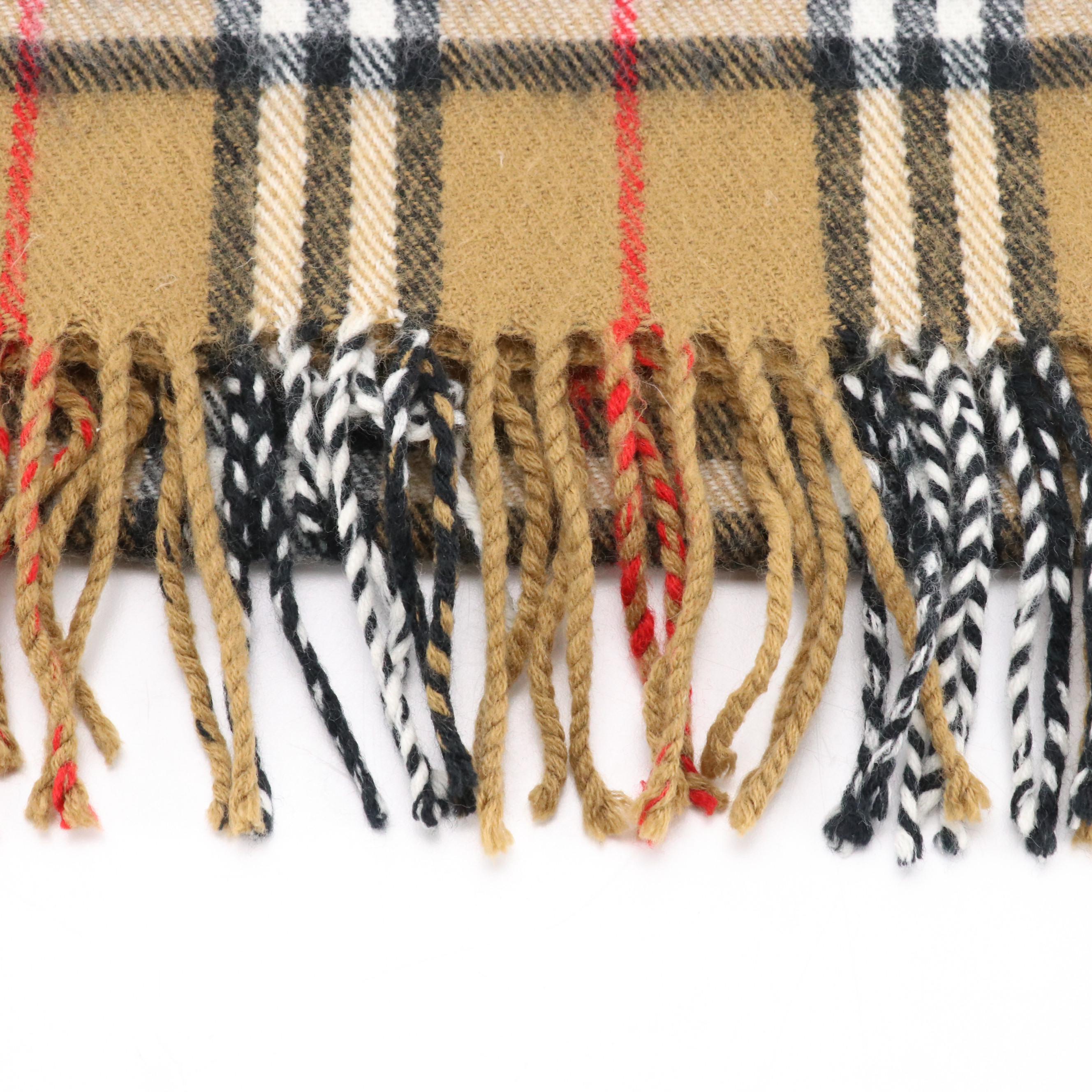 Burberrys Tan Check Lambswool Fringe Scarf