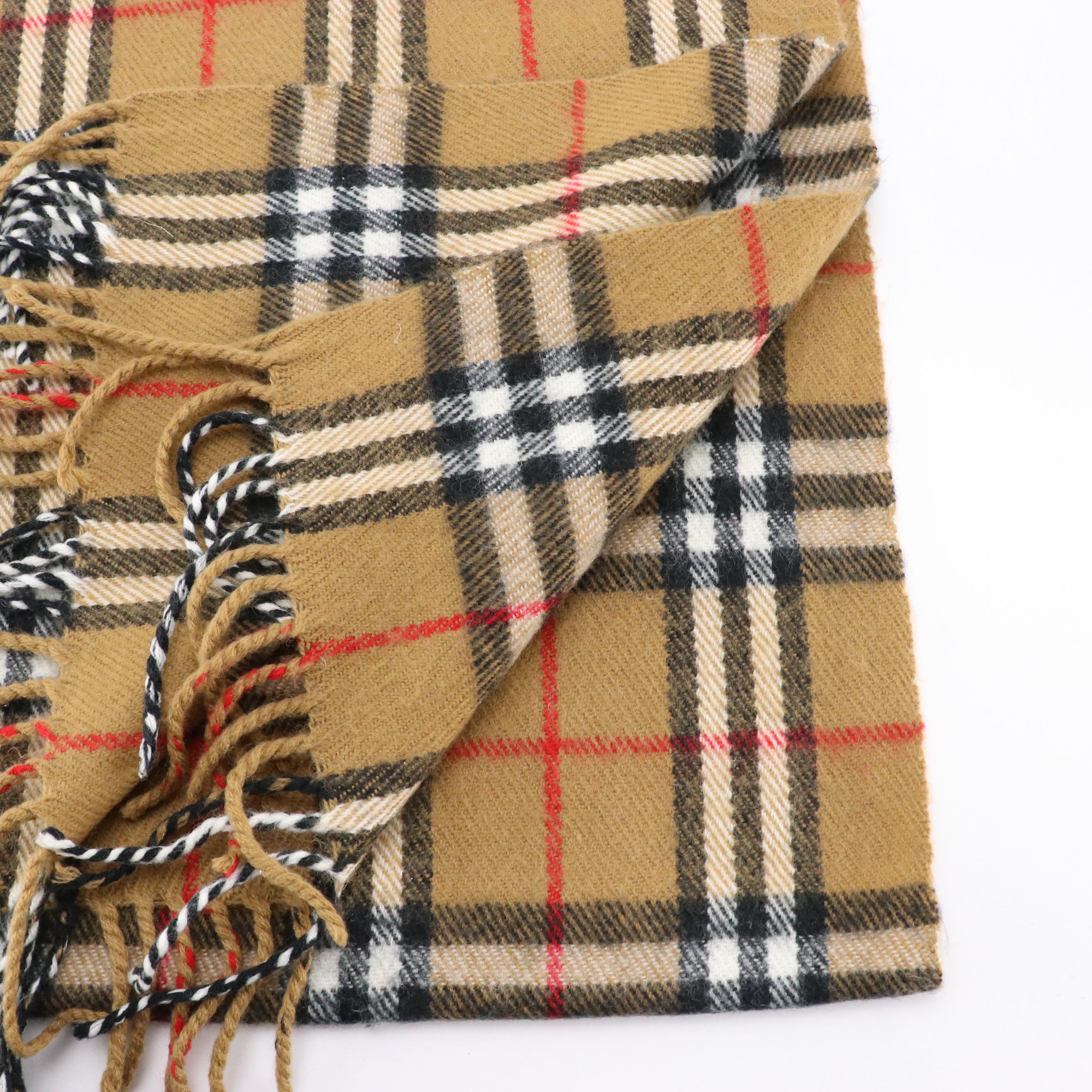 Burberrys Tan Check Lambswool Fringe Scarf