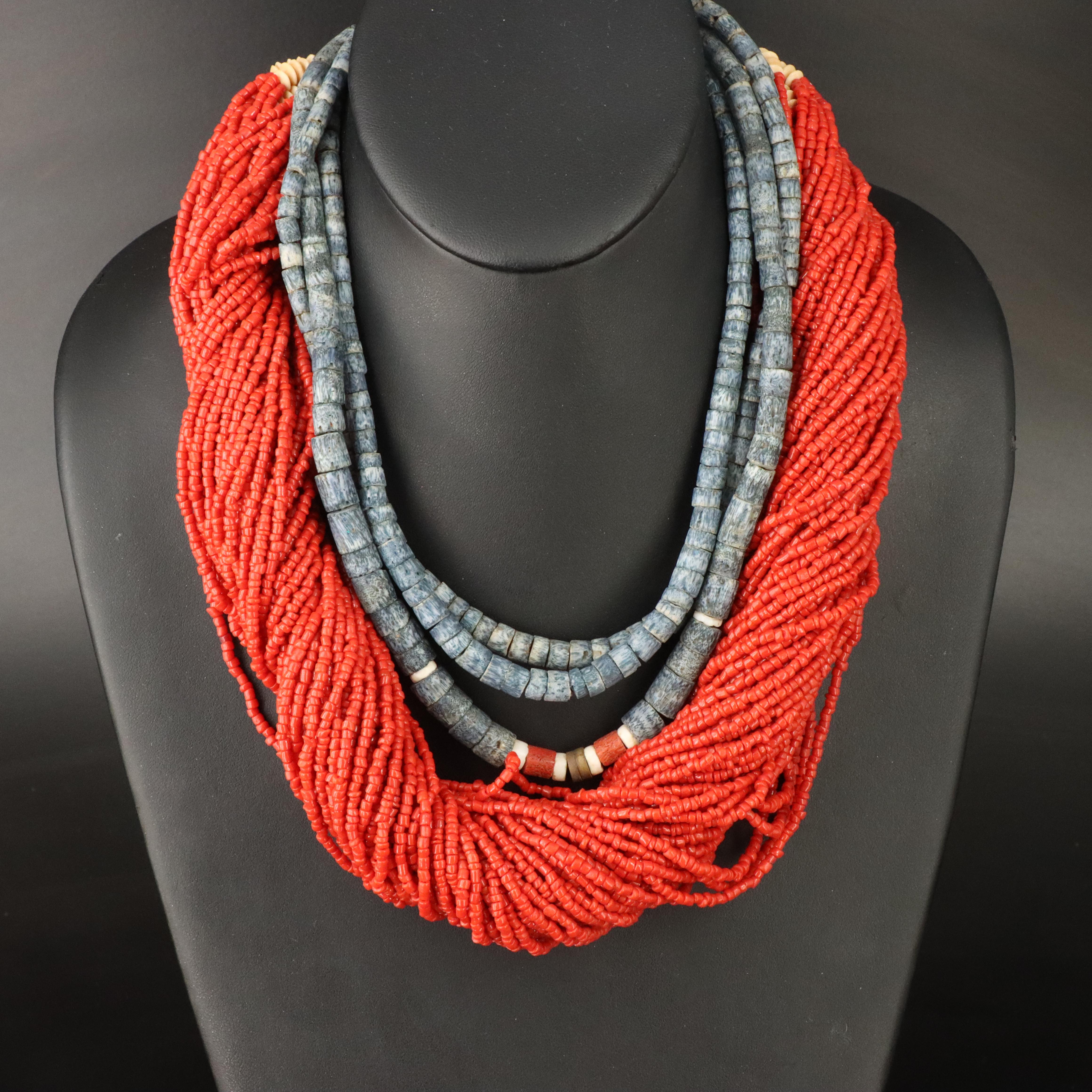 Faux Coral and Bone Torsade with Coral Necklaces