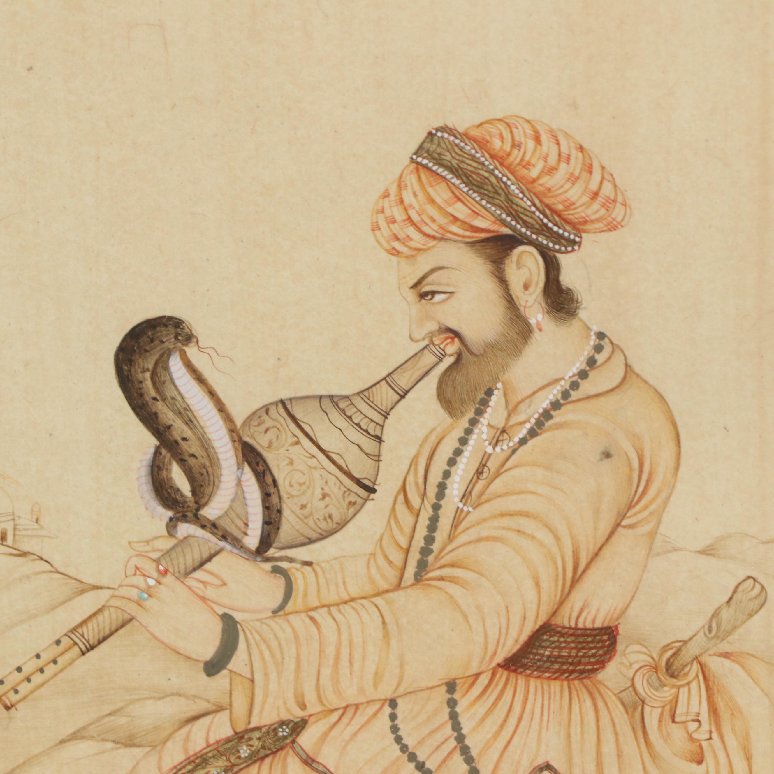 Indo-Persian Gouache Illustration of Snake Charmer
