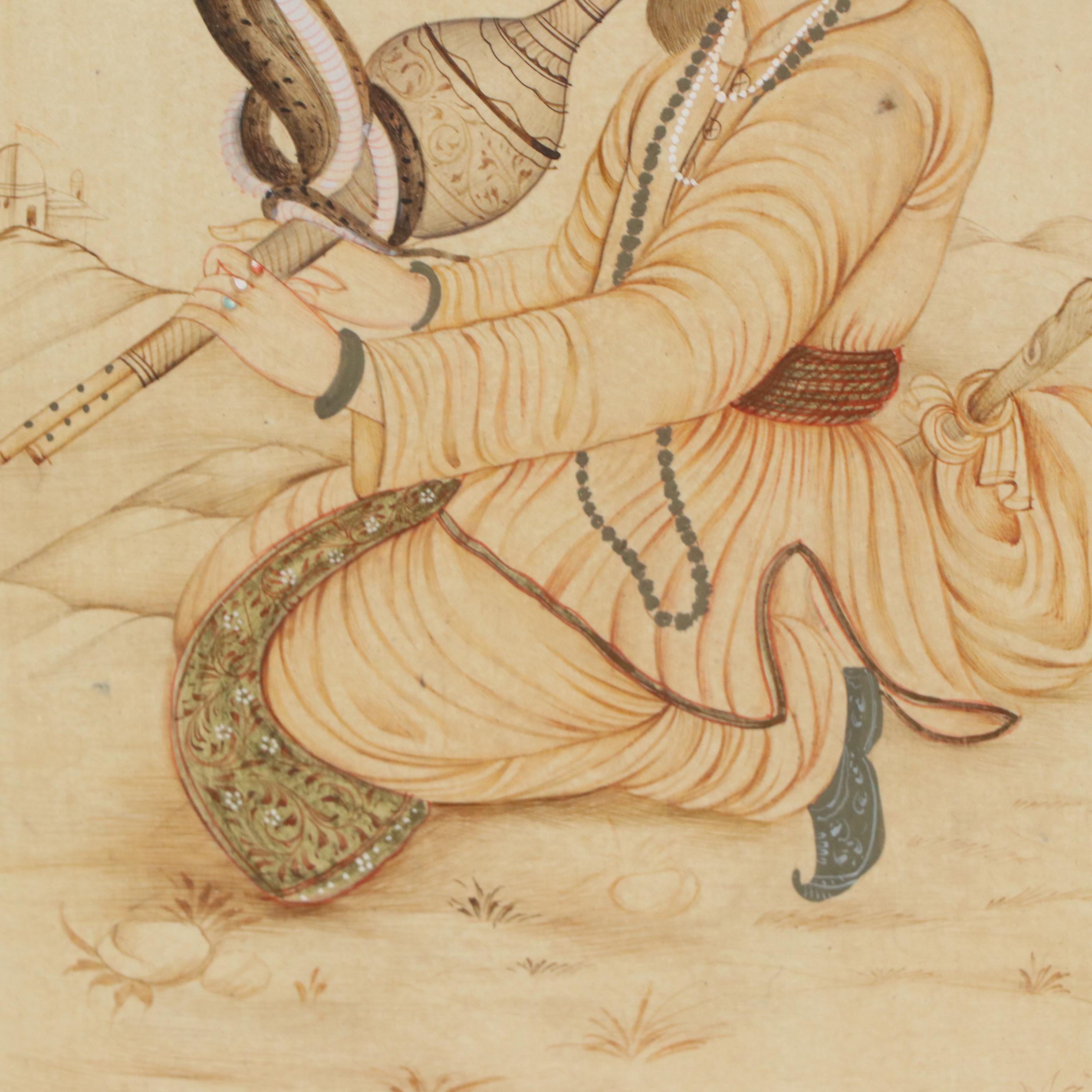 Indo-Persian Gouache Illustration of Snake Charmer