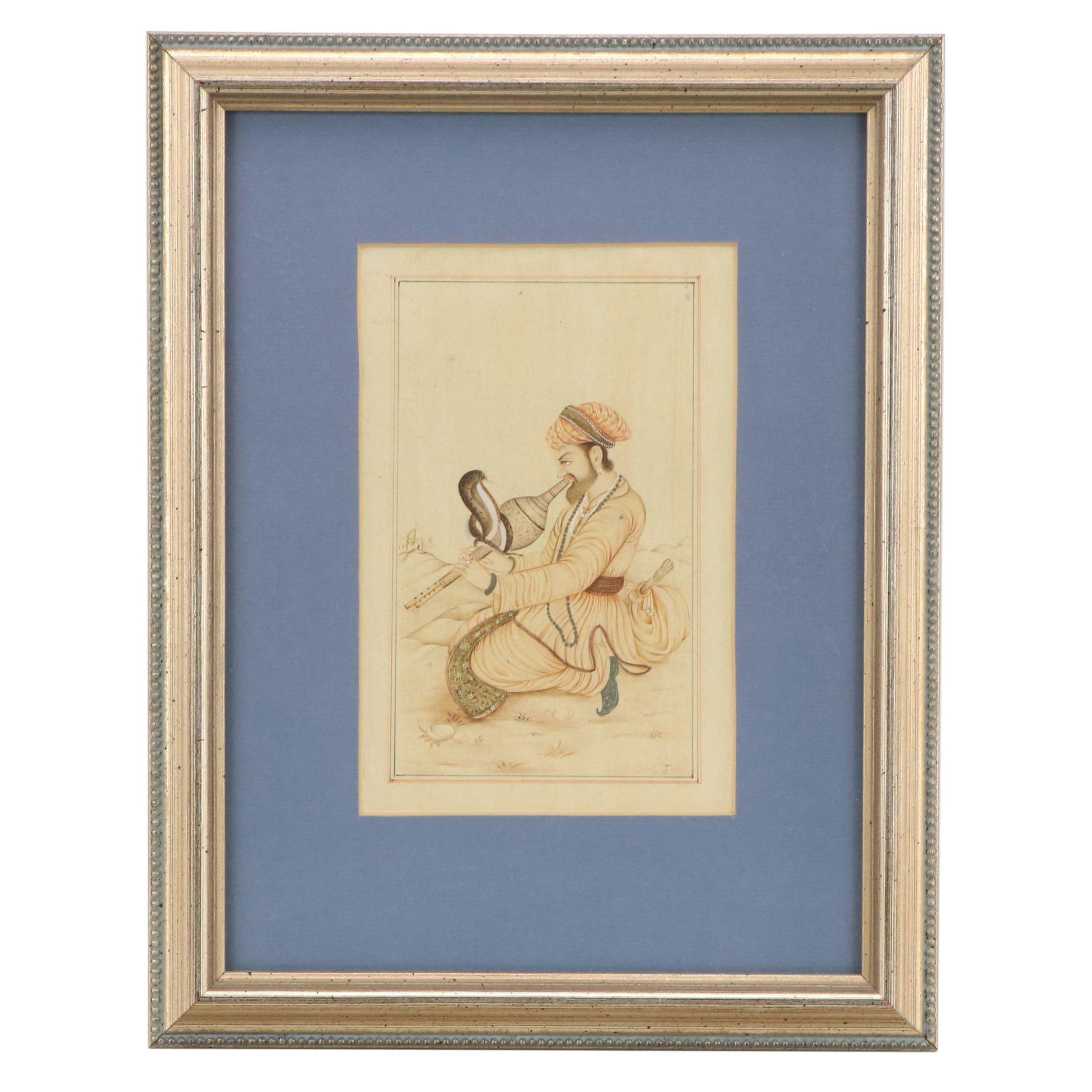 Indo-Persian Gouache Illustration of Snake Charmer