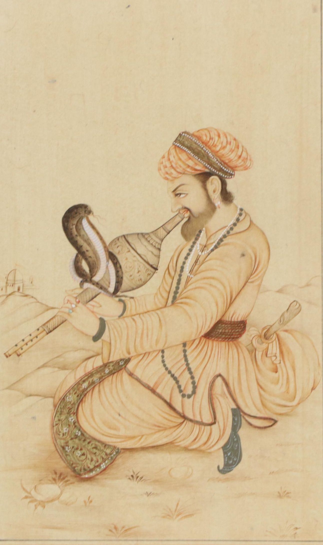 Indo-Persian Gouache Illustration of Snake Charmer