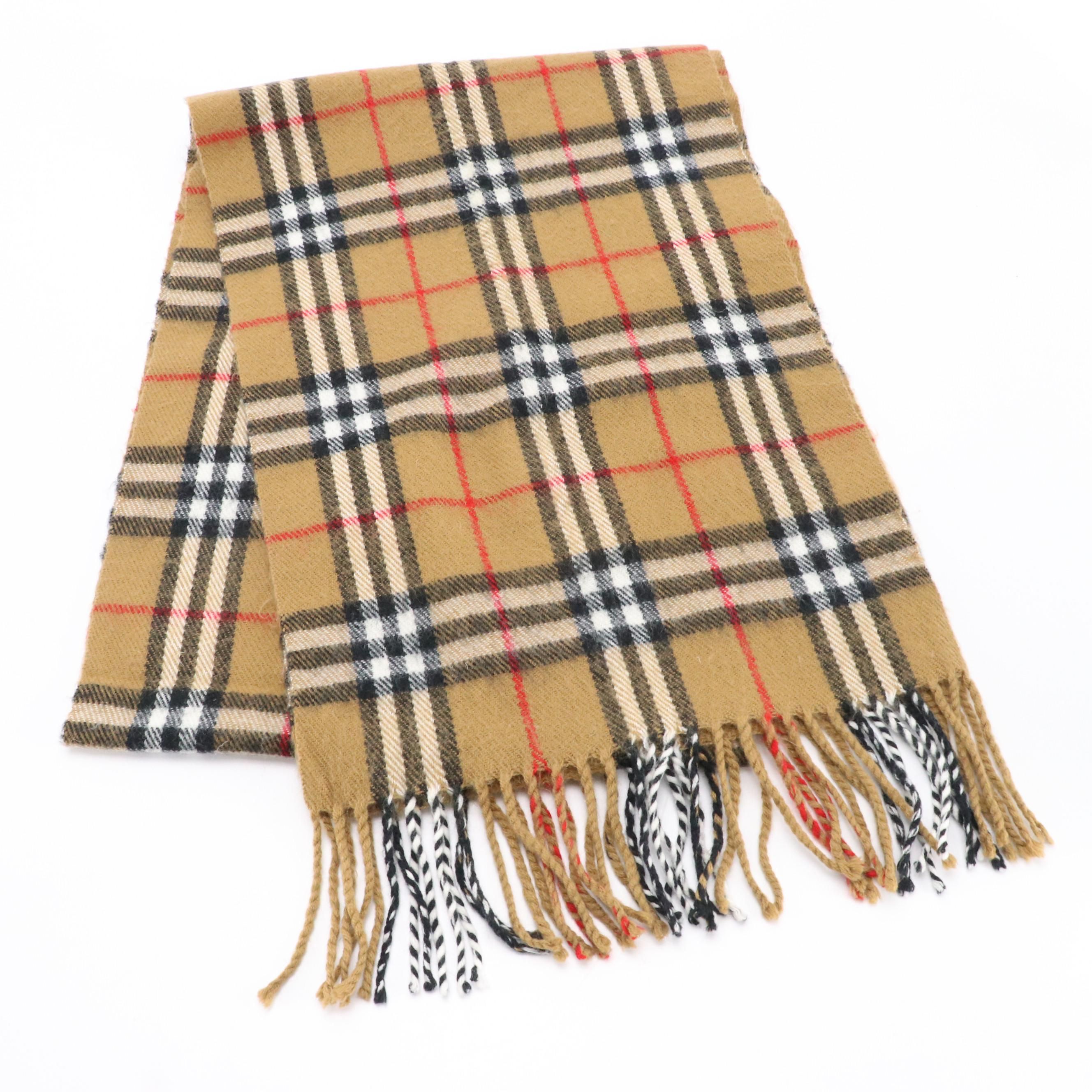 Burberrys Tan Check Lambswool Fringe Scarf
