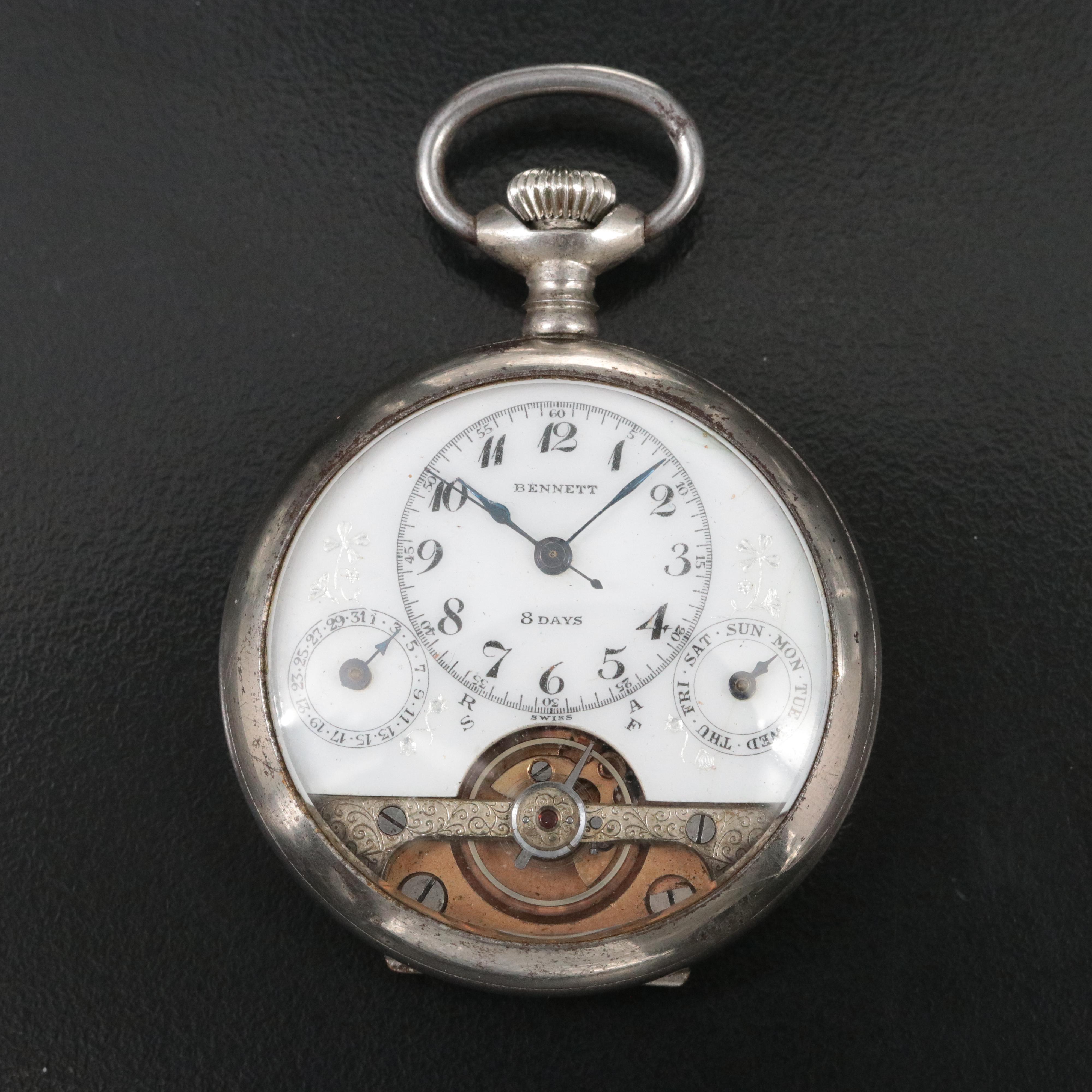 Antique Bennett 8 Day Calendar Open Heart Pocket Watch
