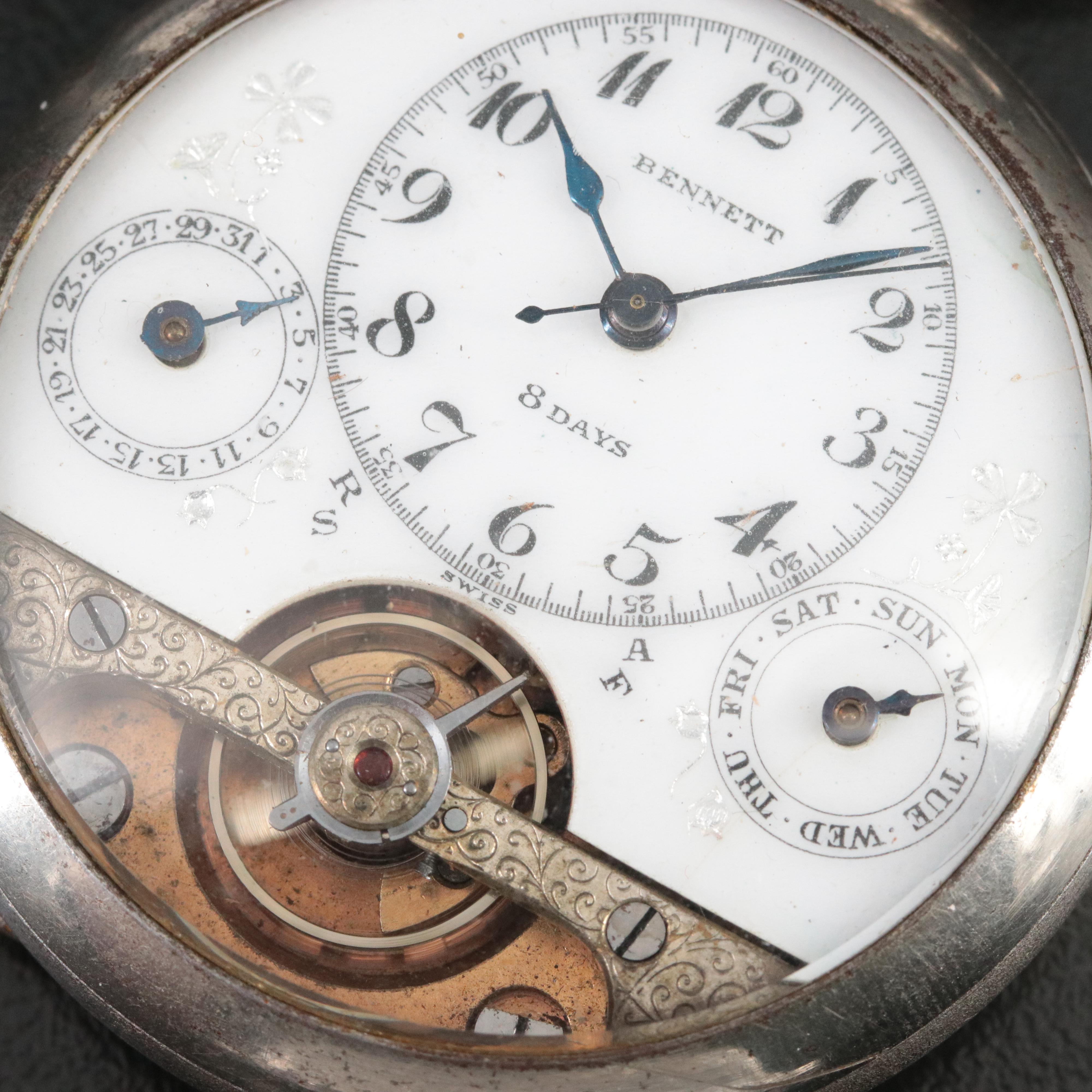 Antique Bennett 8 Day Calendar Open Heart Pocket Watch